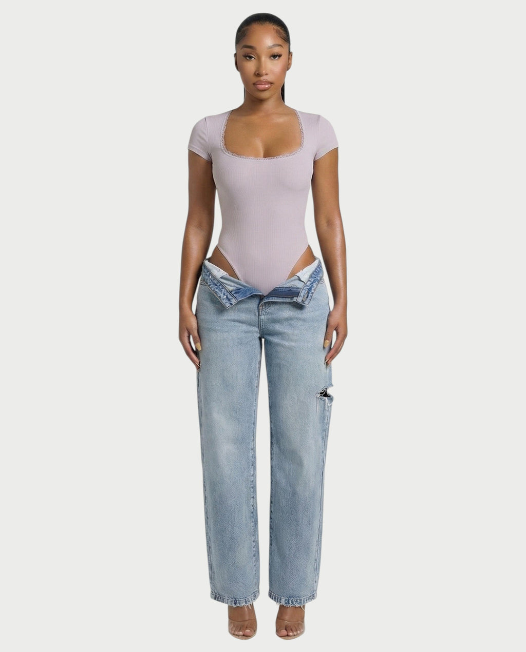 Ribbed Lace-Trim Square Neck Bodysuit