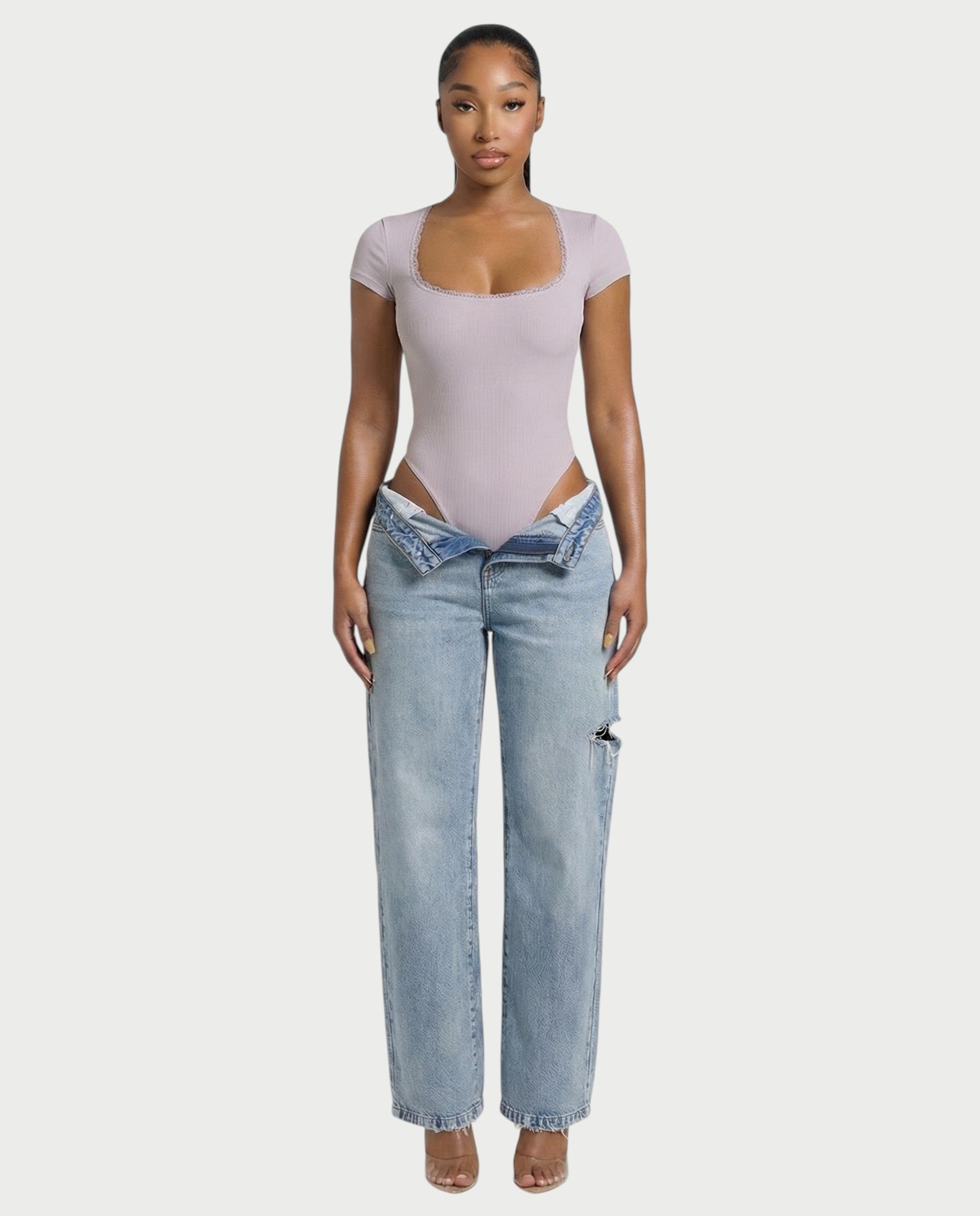 Ribbed Lace-Trim Square Neck Bodysuit