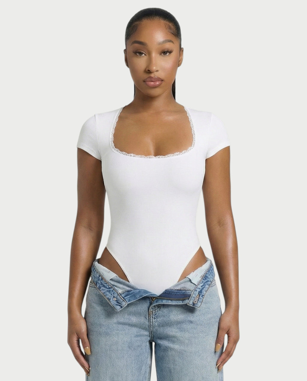 Ribbed Lace-Trim Square Neck Bodysuit