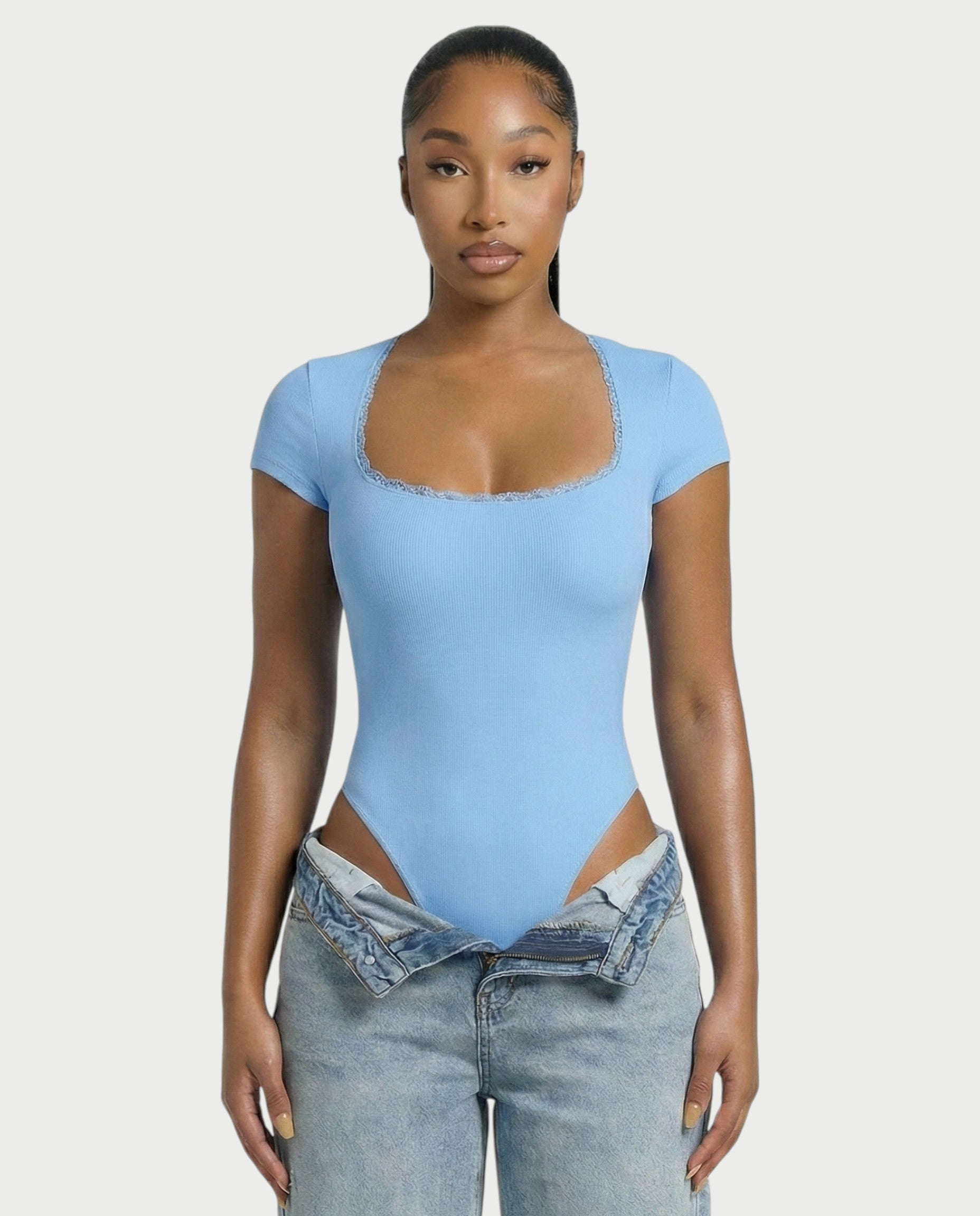 Ribbed Lace-Trim Square Neck Bodysuit