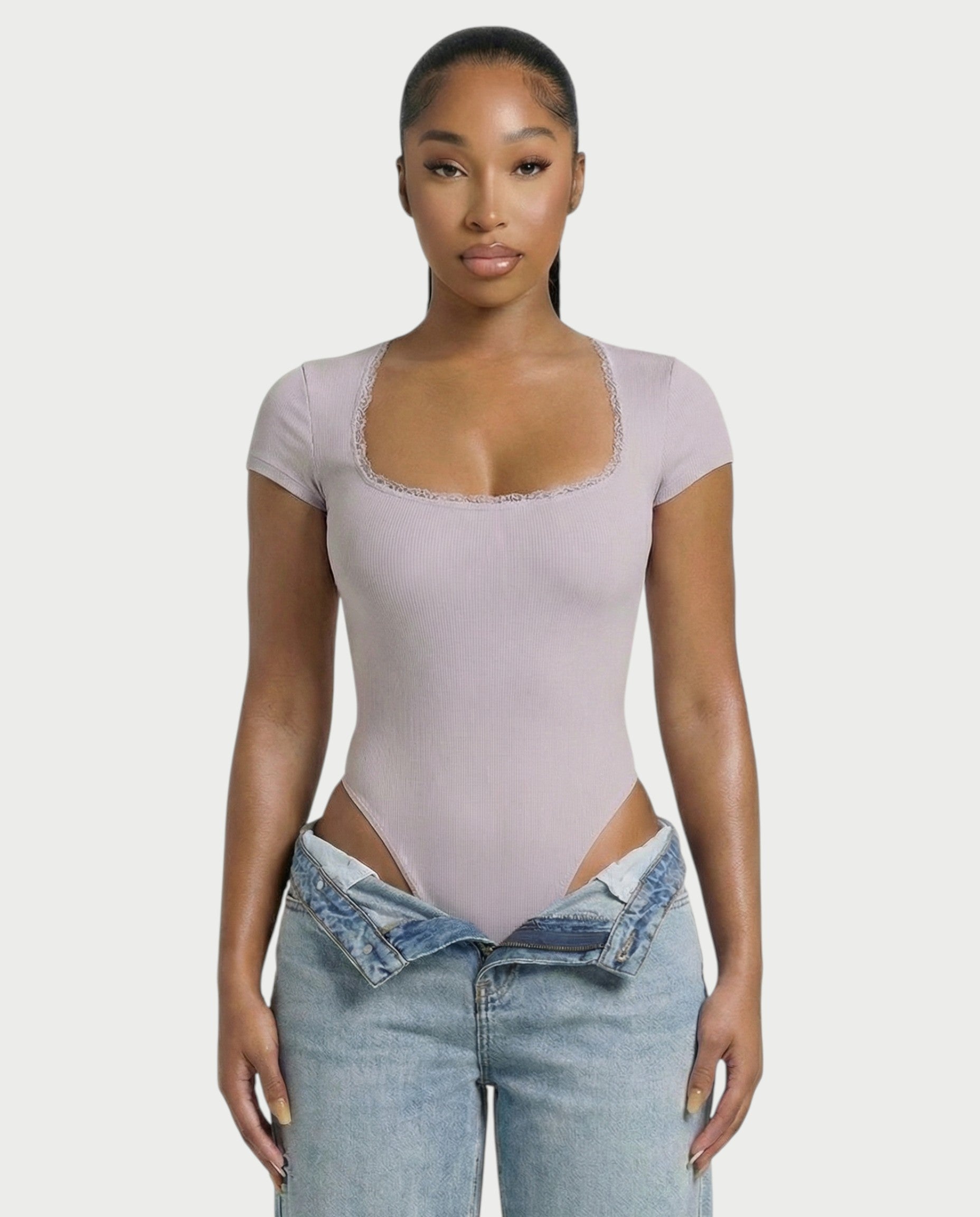 Ribbed Lace-Trim Square Neck Bodysuit