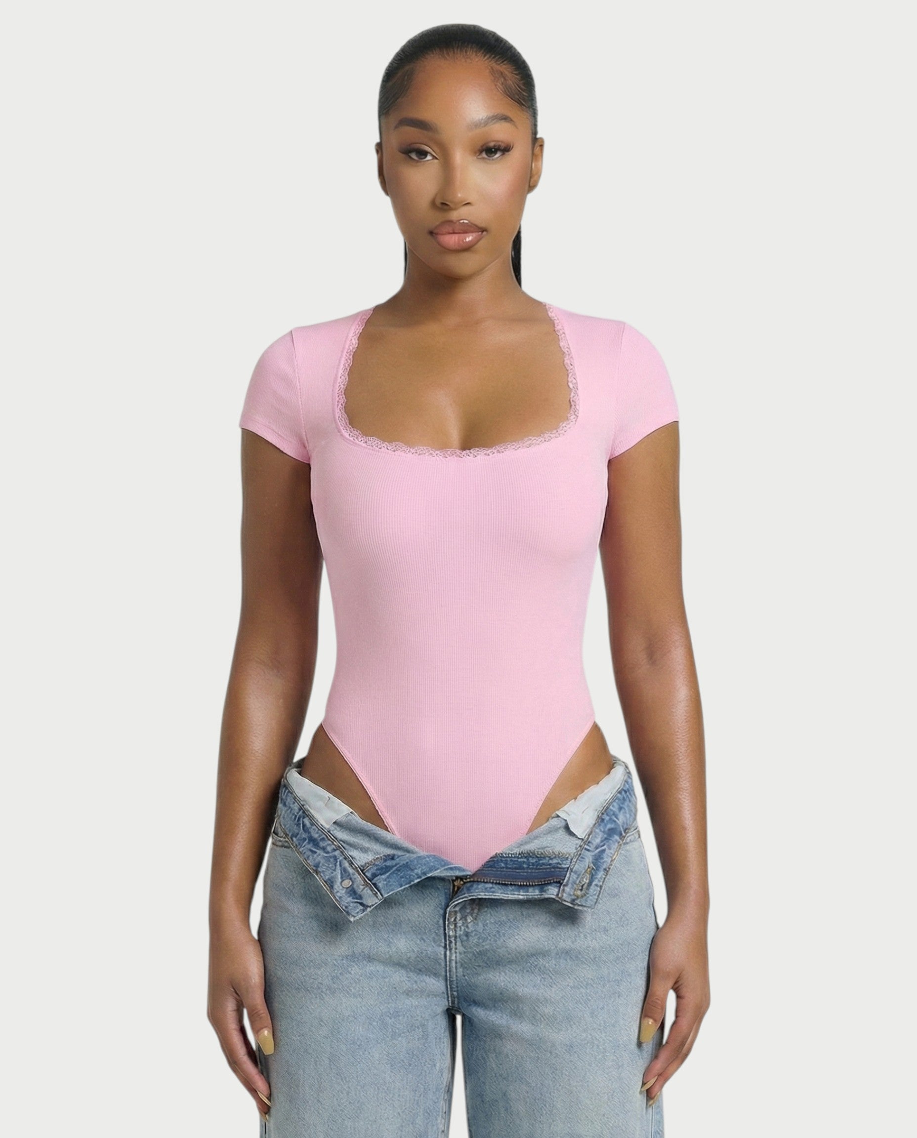 Ribbed Lace-Trim Square Neck Bodysuit