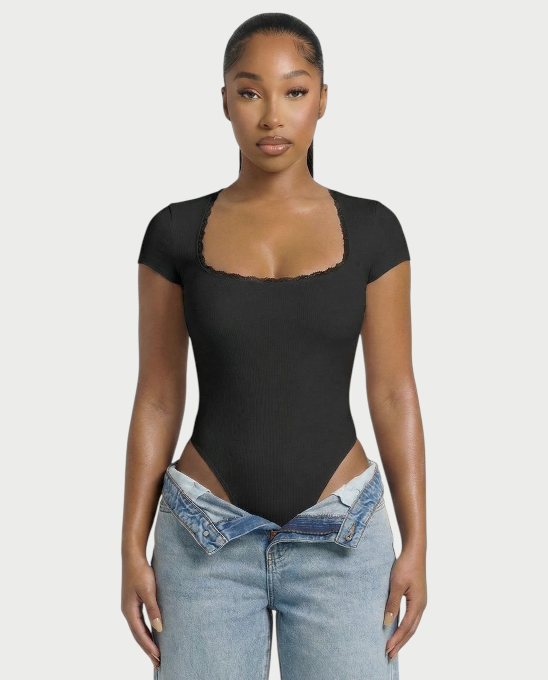 Ribbed Lace-Trim Square Neck Bodysuit