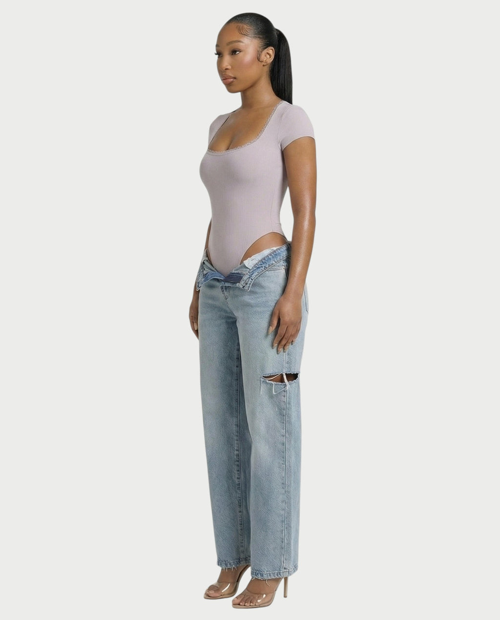 Ribbed Lace-Trim Square Neck Bodysuit