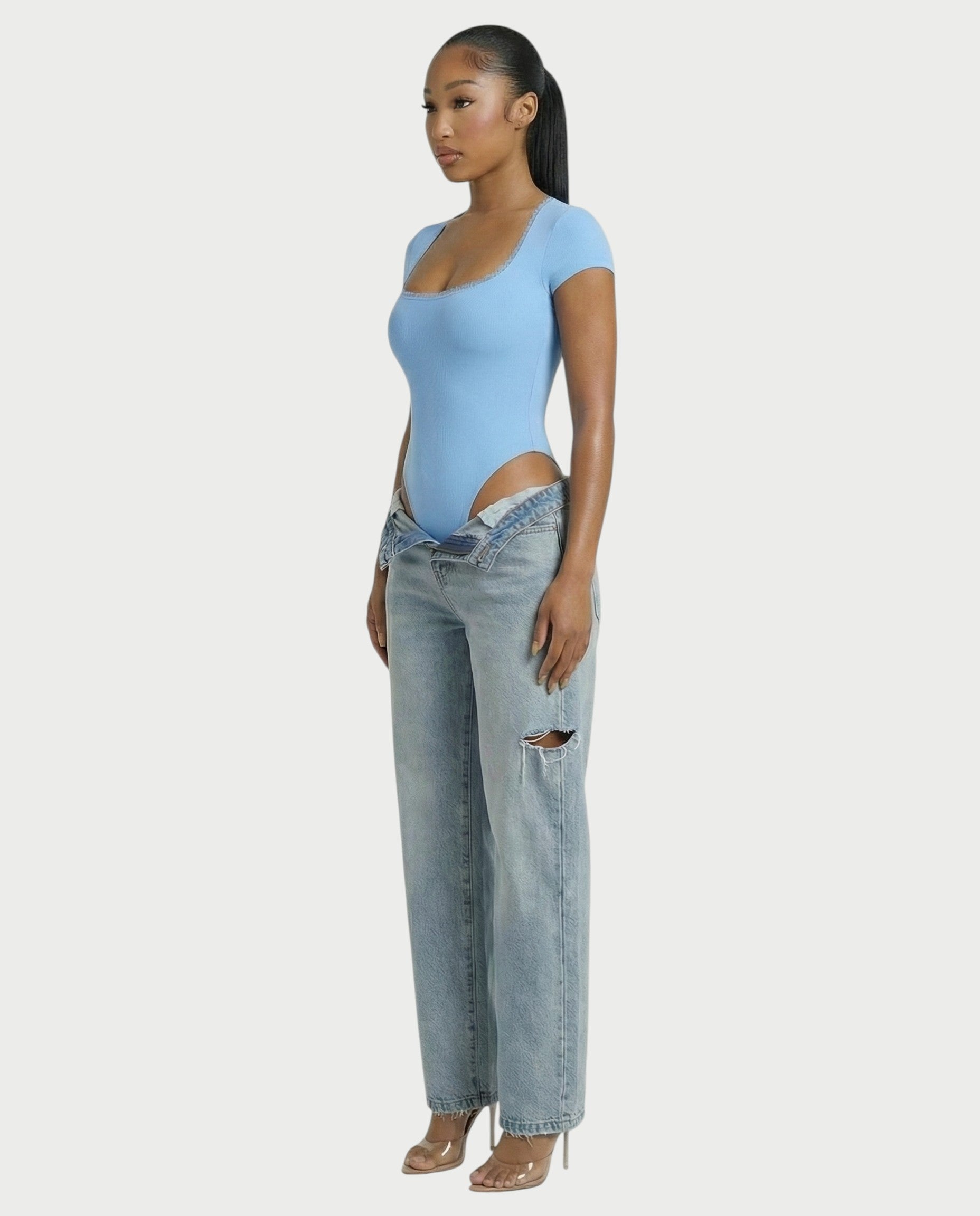 Ribbed Lace-Trim Square Neck Bodysuit