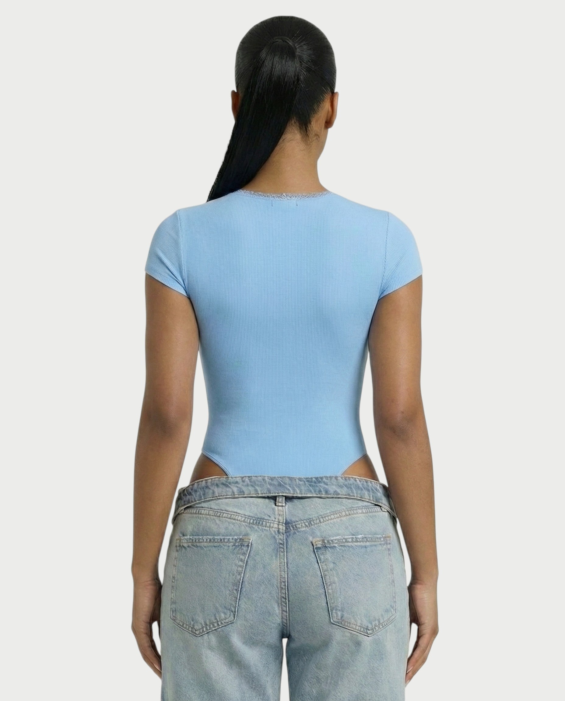 Ribbed Lace-Trim Square Neck Bodysuit