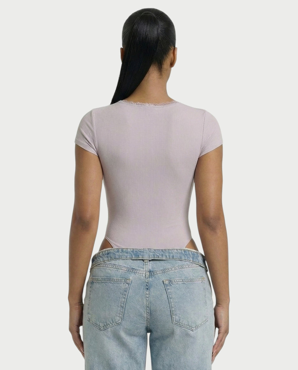 Ribbed Lace-Trim Square Neck Bodysuit
