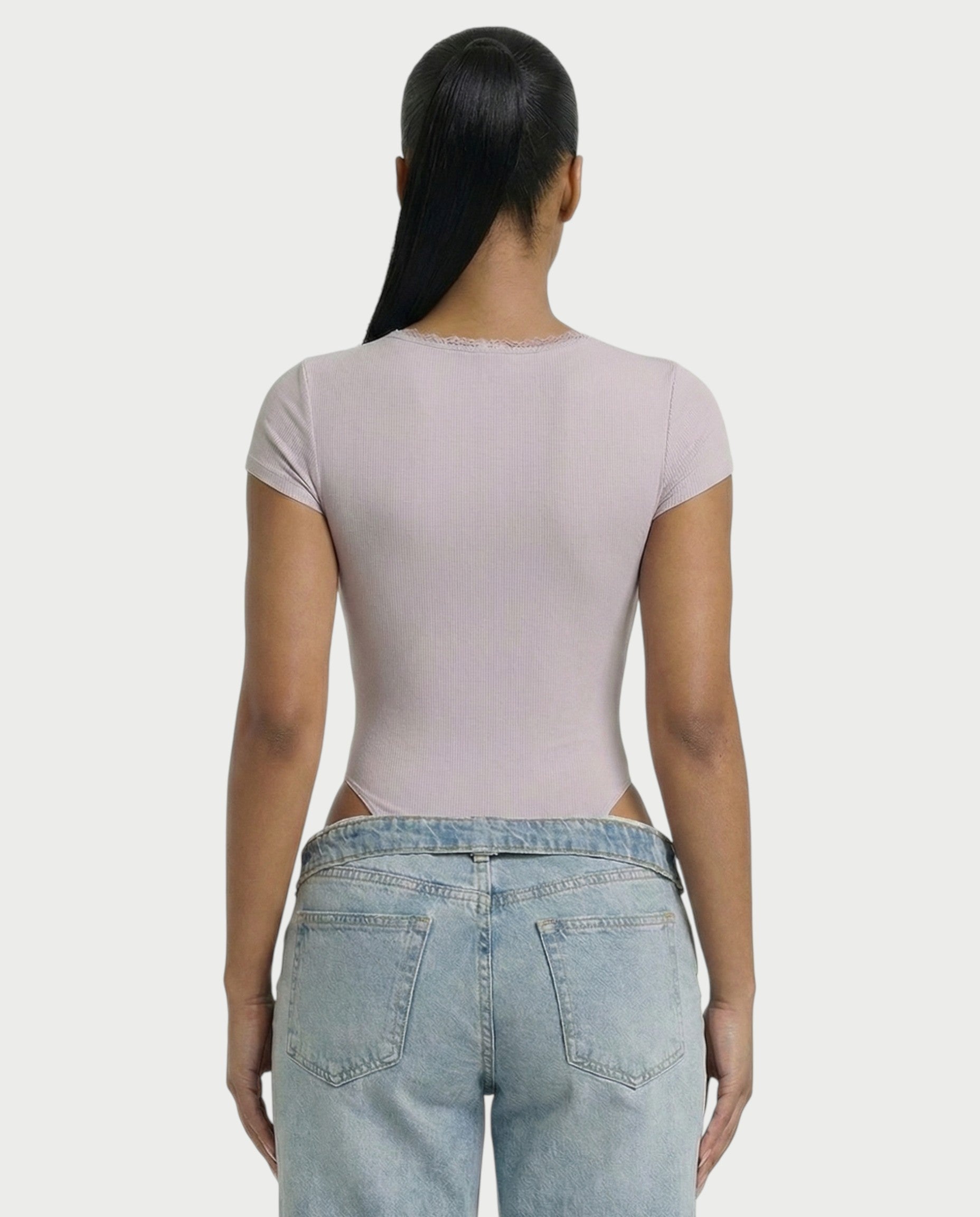 Ribbed Lace-Trim Square Neck Bodysuit