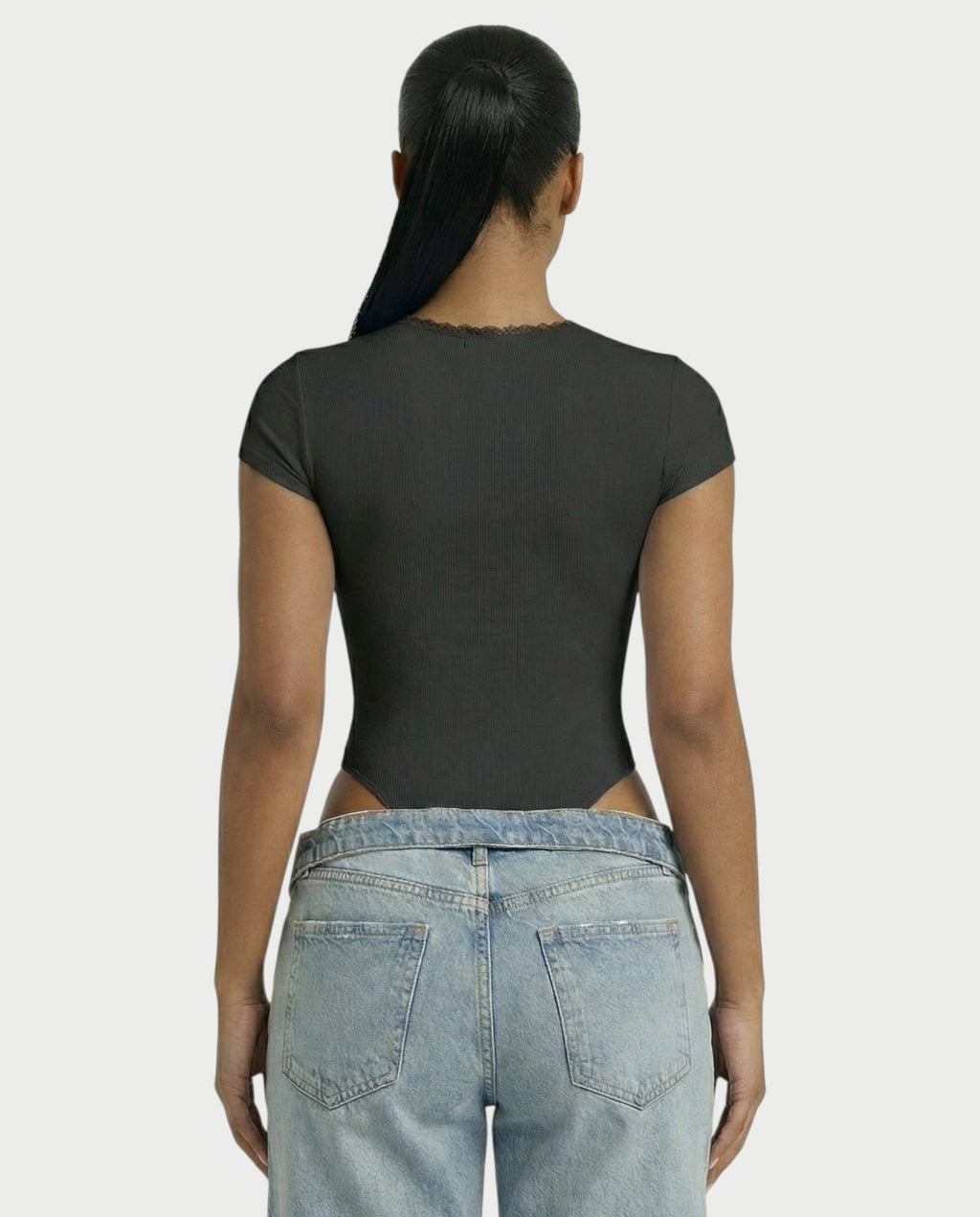Ribbed Lace-Trim Square Neck Bodysuit