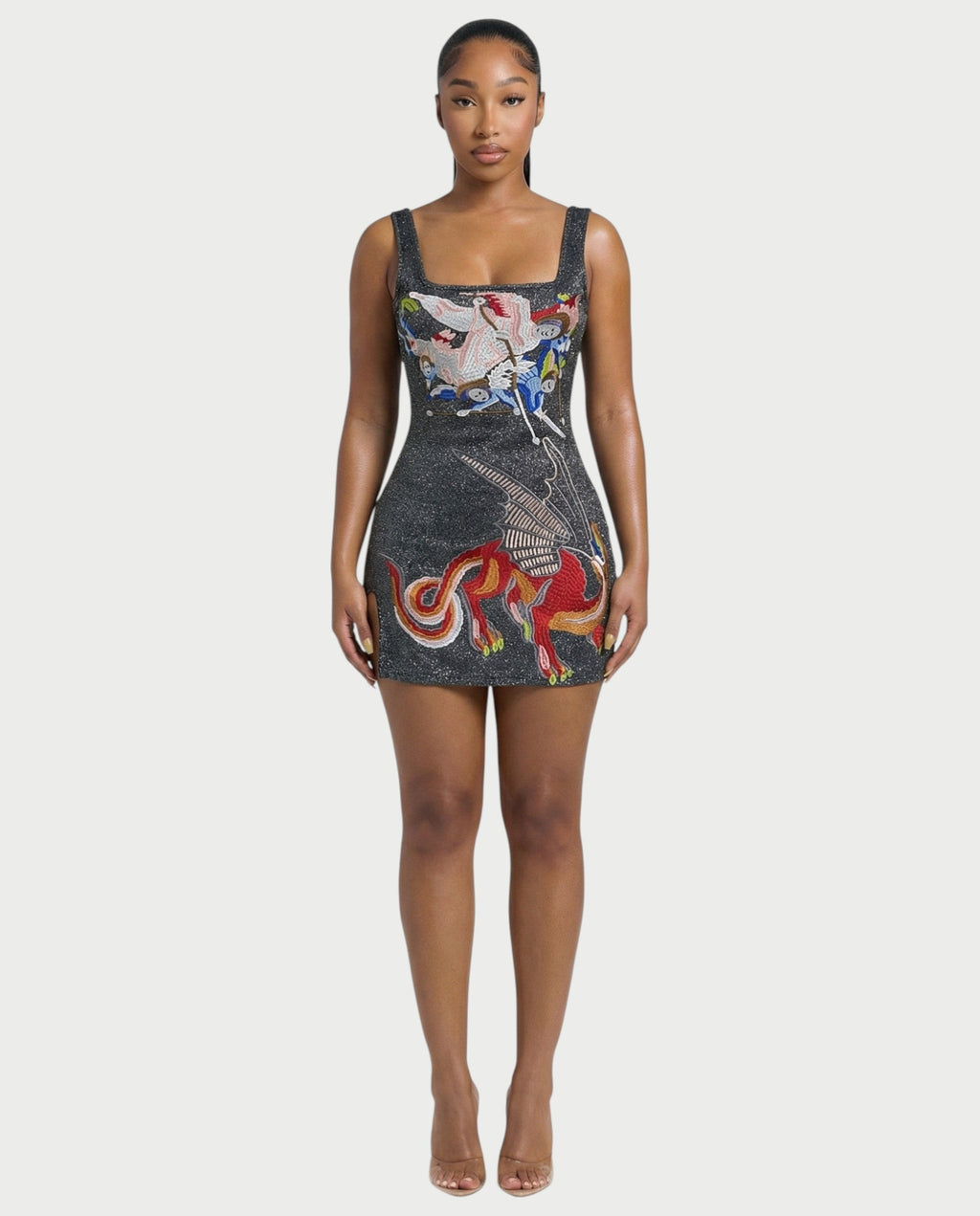 ARIVELLE Embroidered Dragon Side Slit Mini Dress
