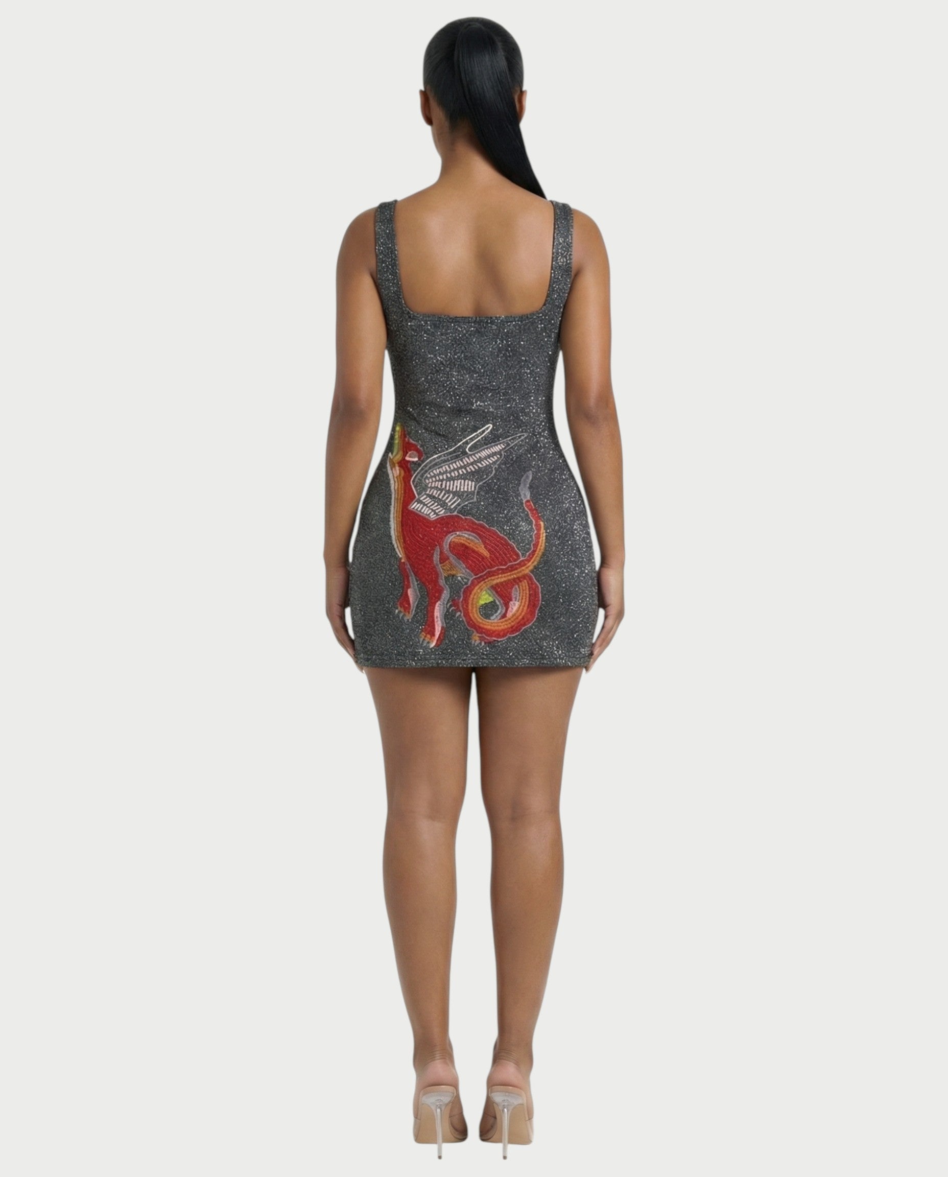 ARIVELLE Embroidered Dragon Side Slit Mini Dress