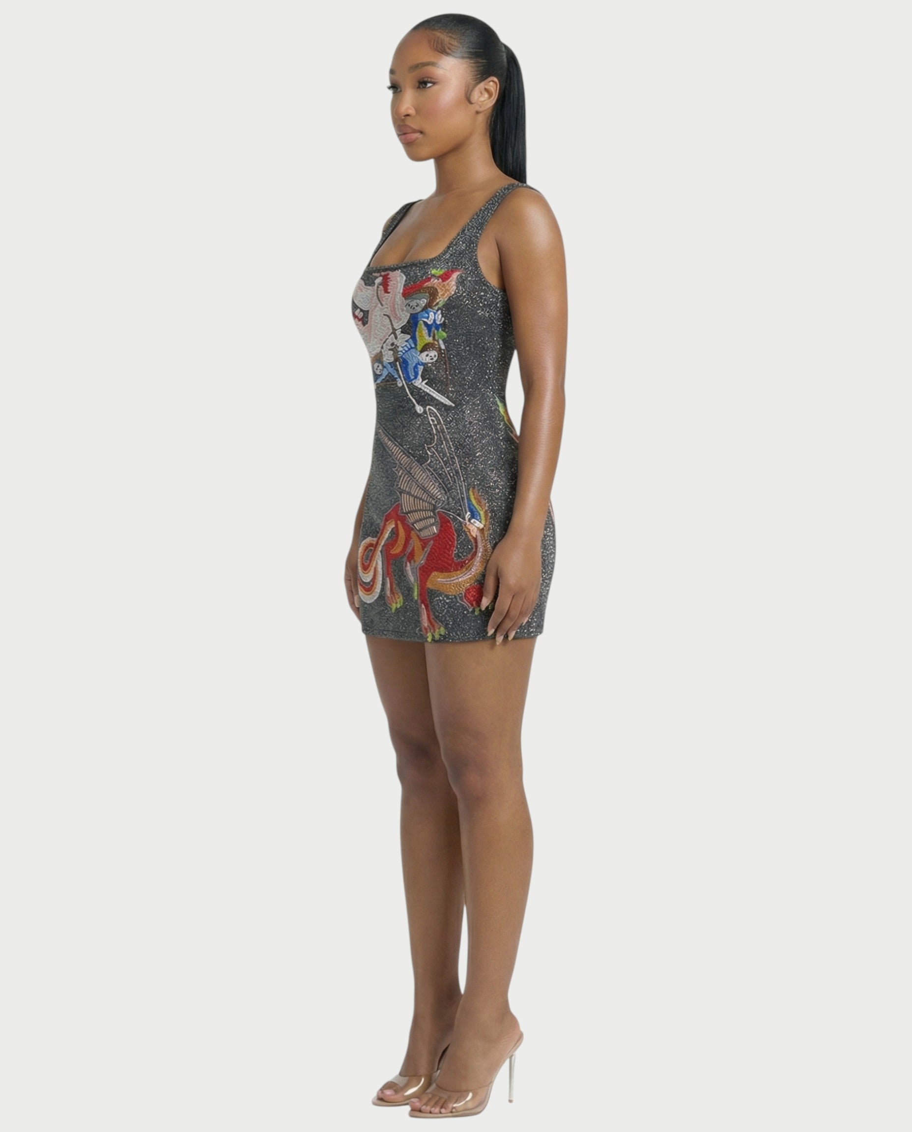 ARIVELLE Embroidered Dragon Side Slit Mini Dress