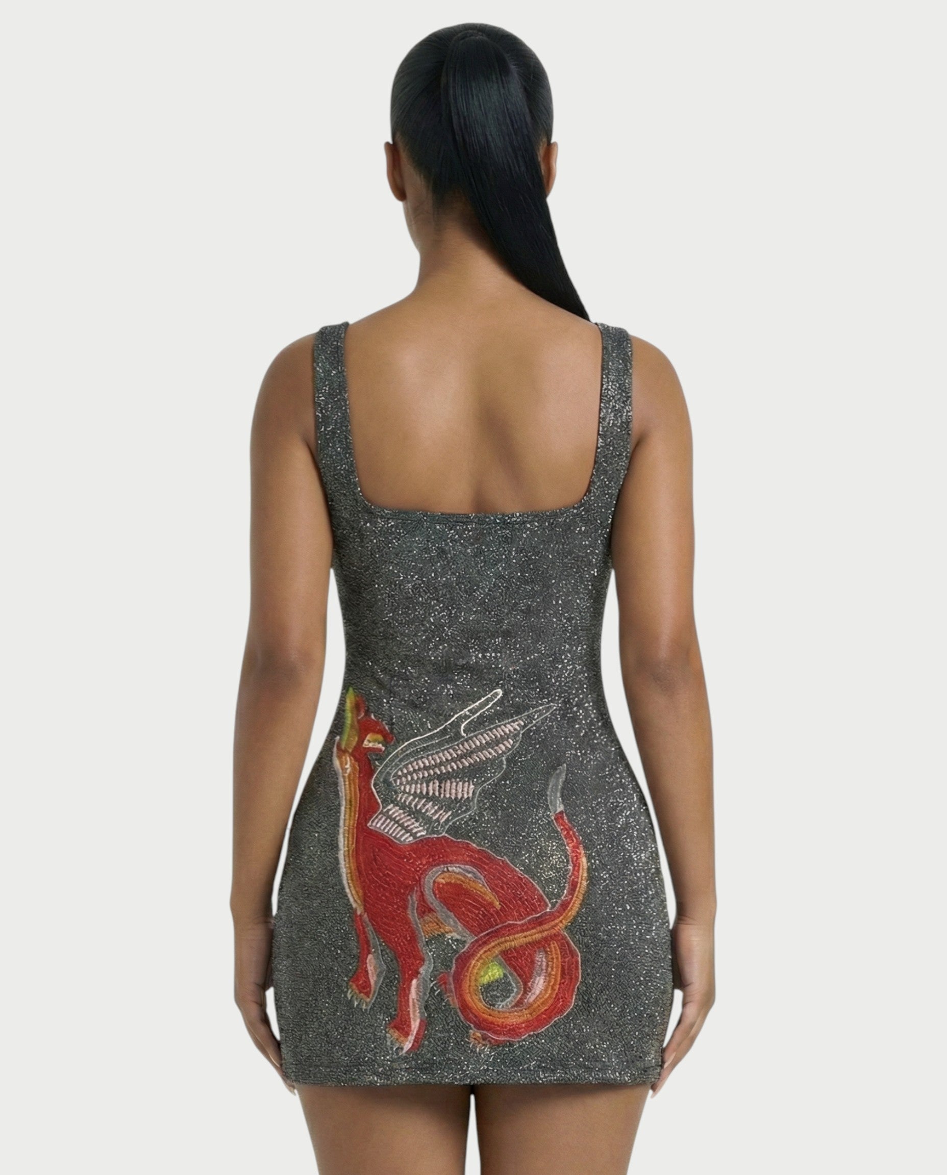 ARIVELLE Embroidered Dragon Side Slit Mini Dress