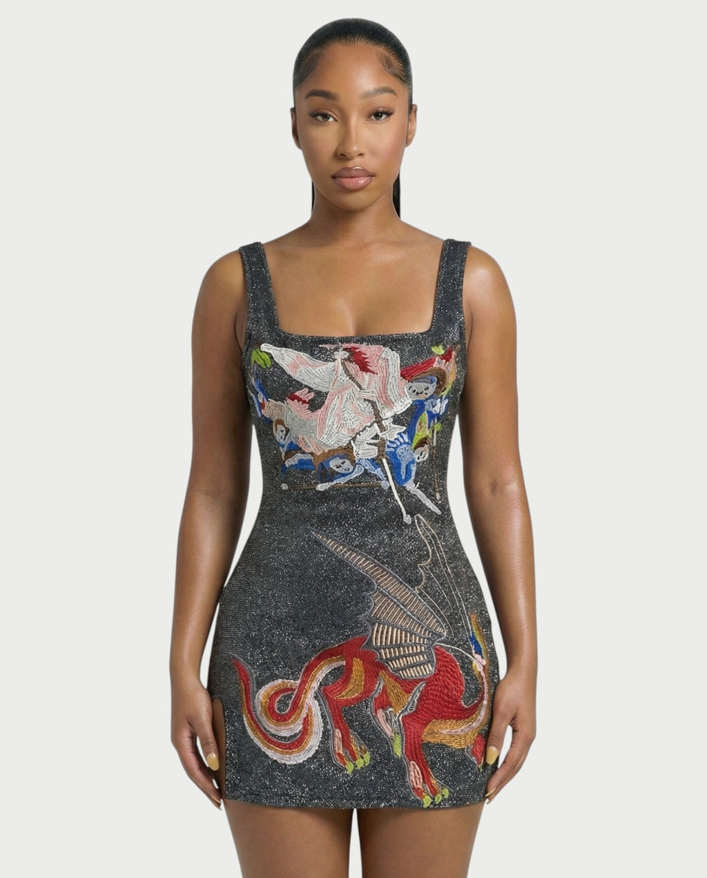 ARIVELLE Embroidered Dragon Side Slit Mini Dress