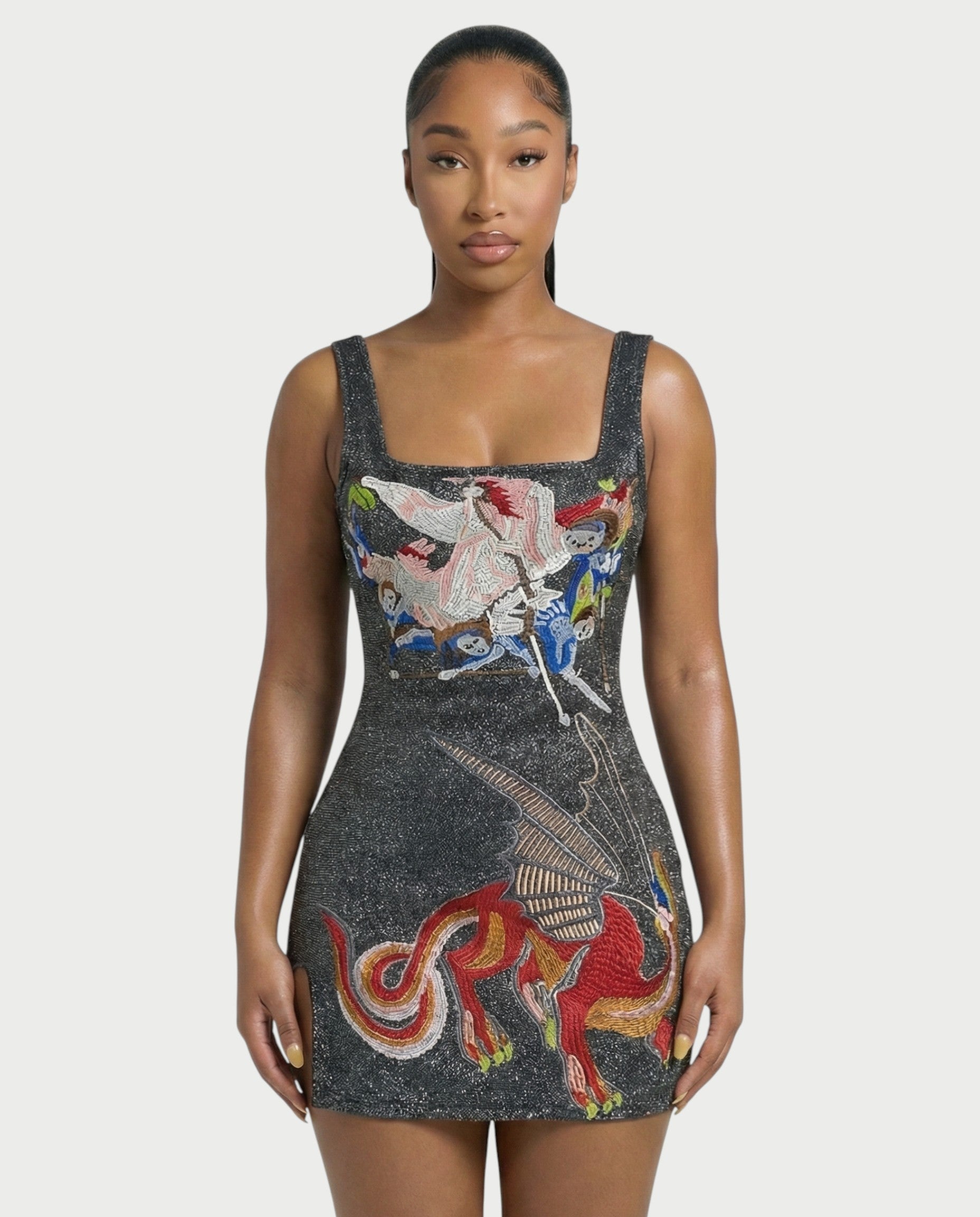 ARIVELLE Embroidered Dragon Side Slit Mini Dress