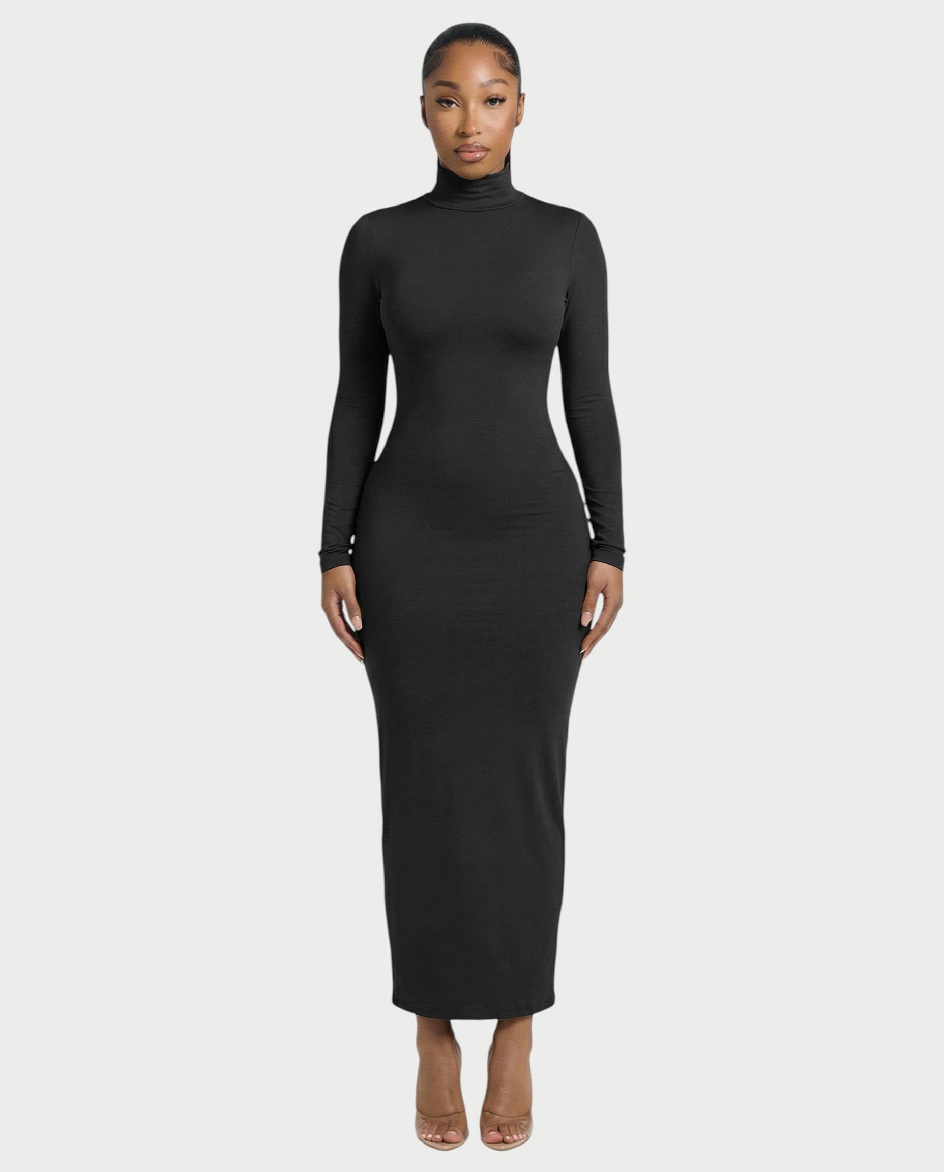 Mock Neck Long Sleeve Bodycon Maxi Dress