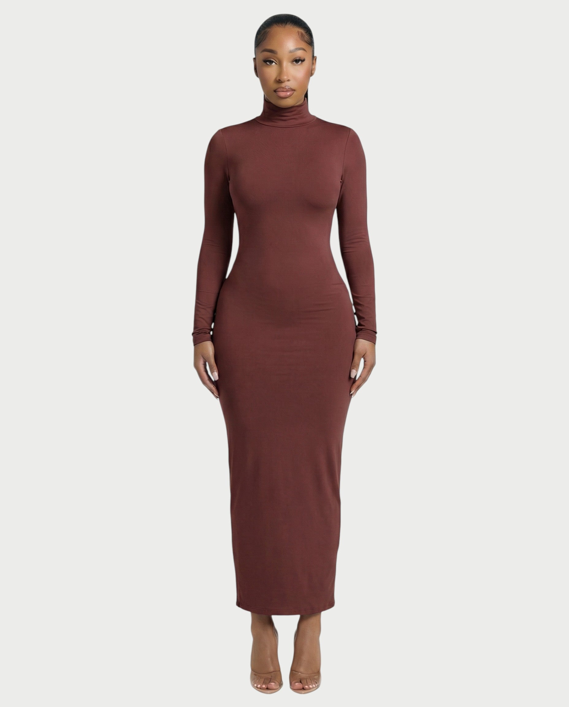 Mock Neck Long Sleeve Bodycon Maxi Dress