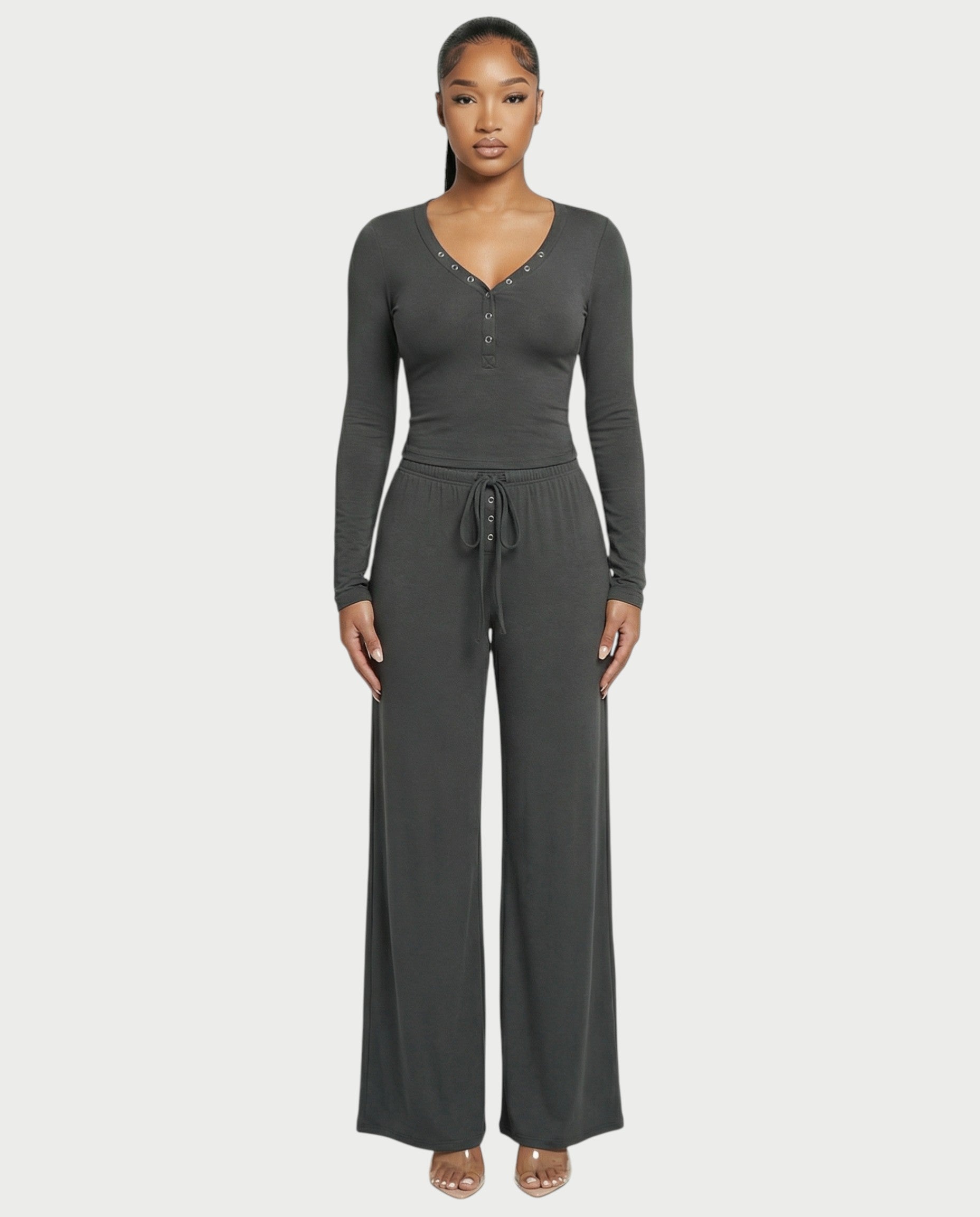 Snap Button Top & Drawstring Pant Set