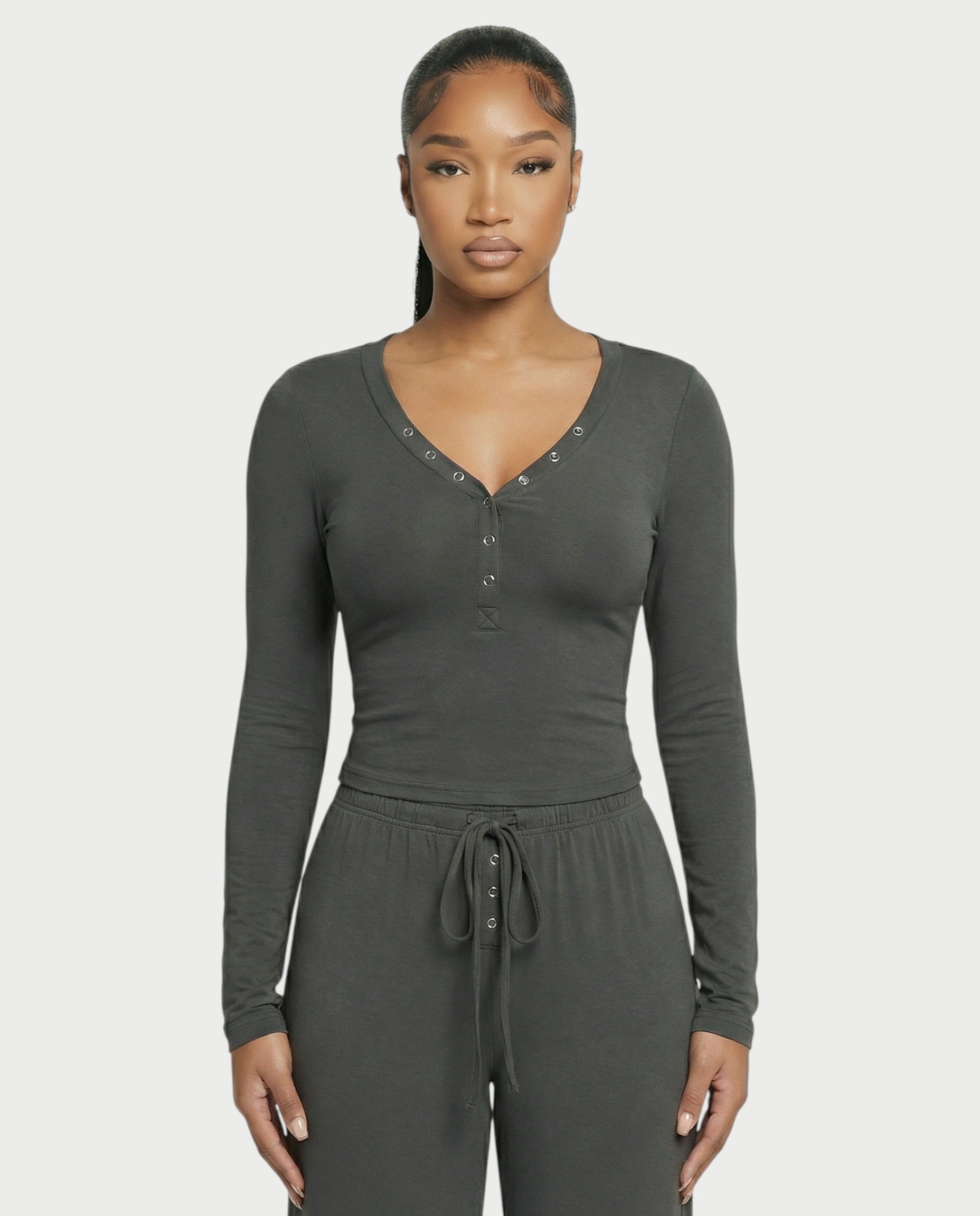 Snap Button Top & Drawstring Pant Set