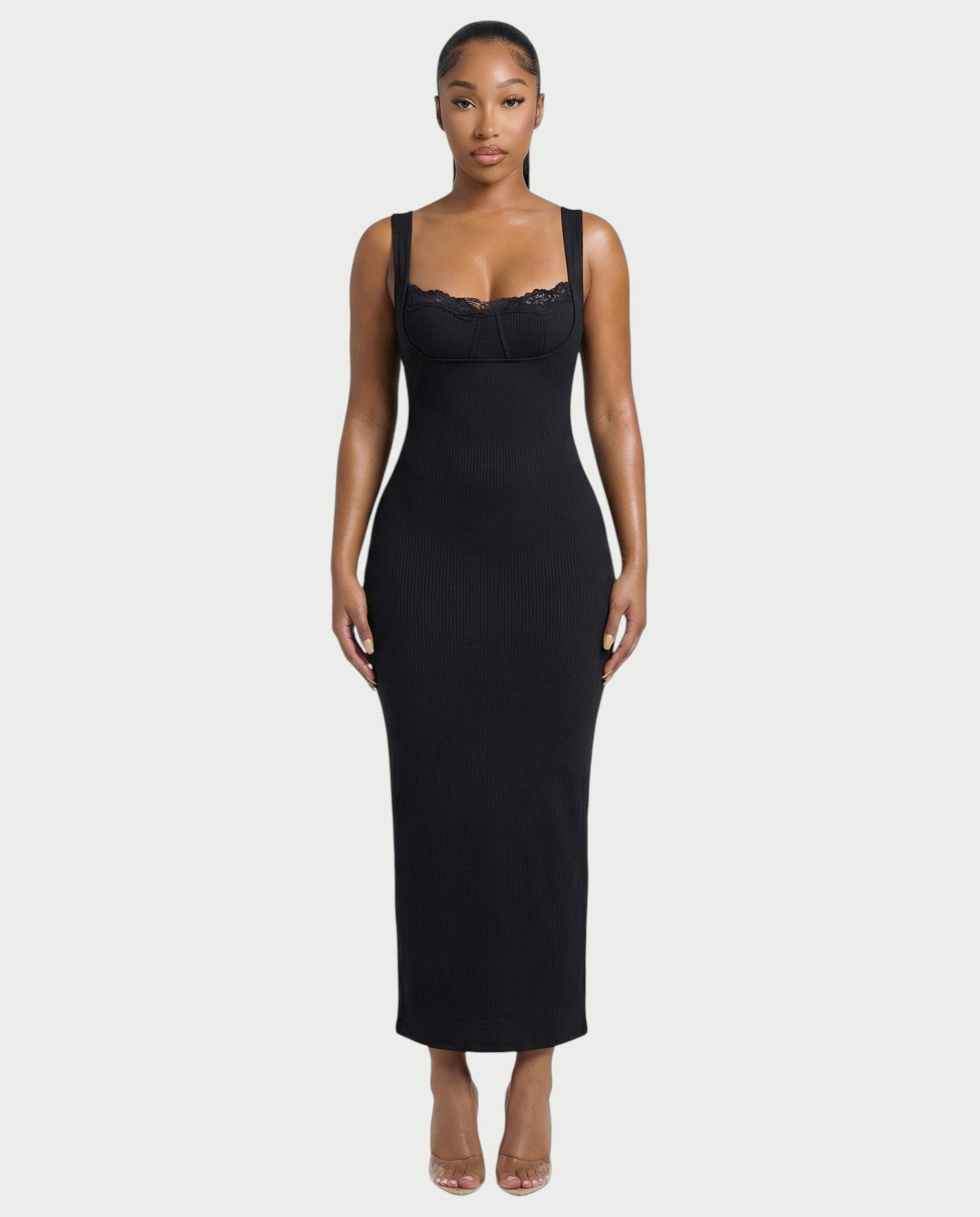 Ribbed Lace-Trim Maxi Dress