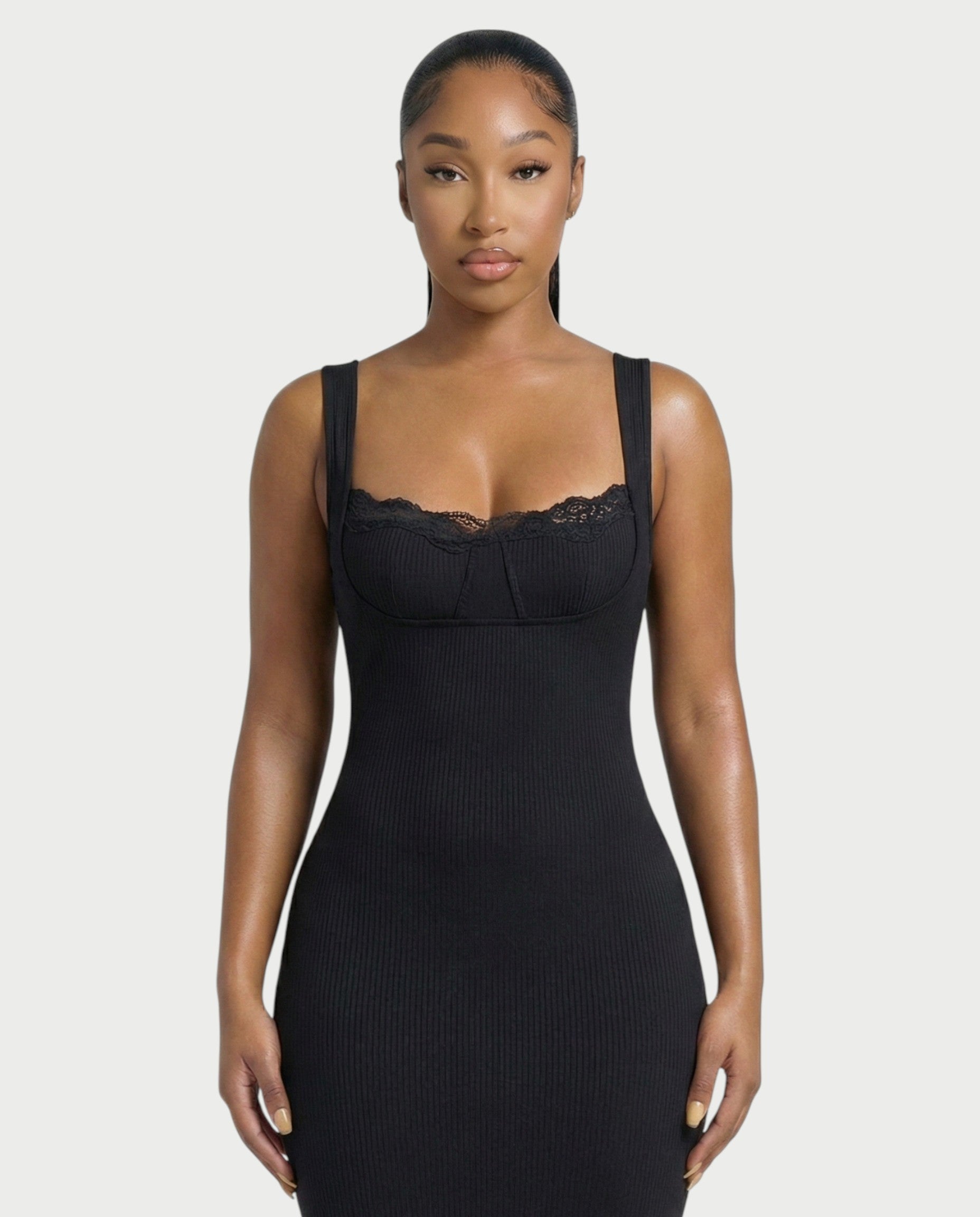 Ribbed Lace-Trim Maxi Dress