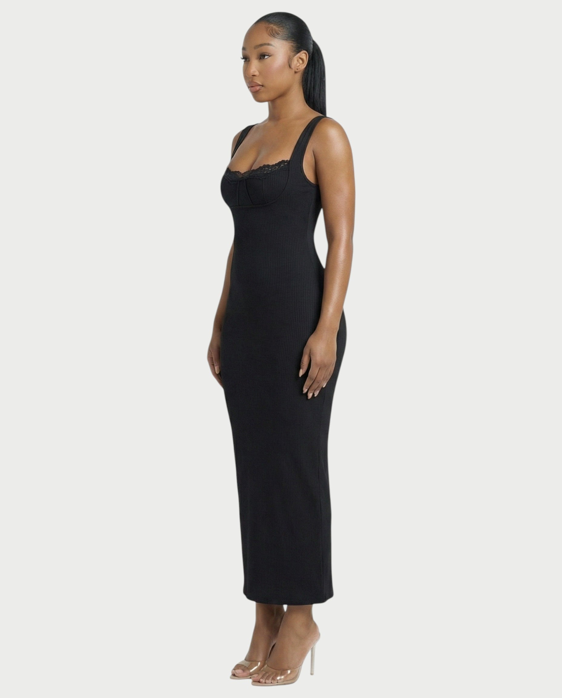 Ribbed Lace-Trim Maxi Dress