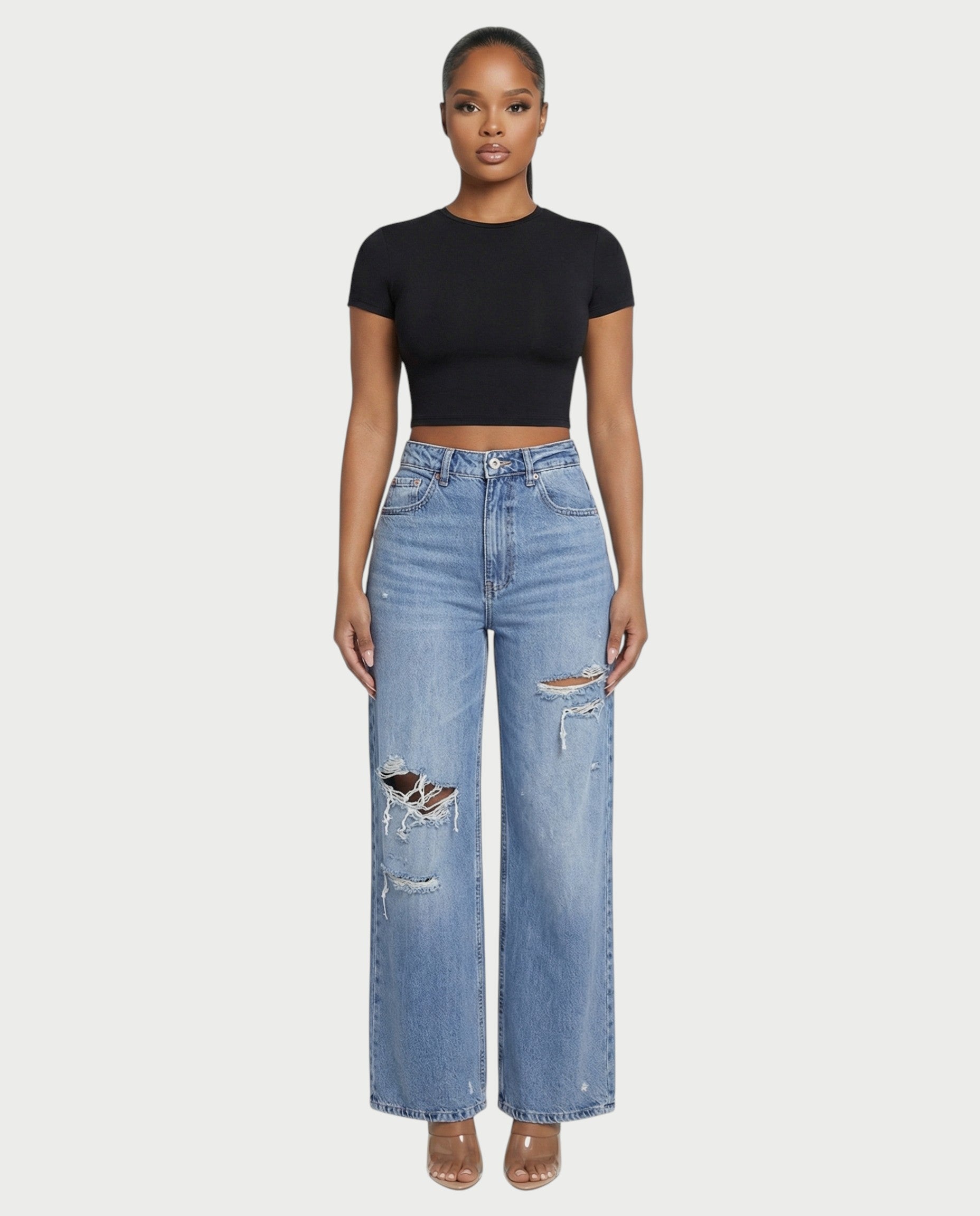 Distressed Wide-Leg Denim Pants
