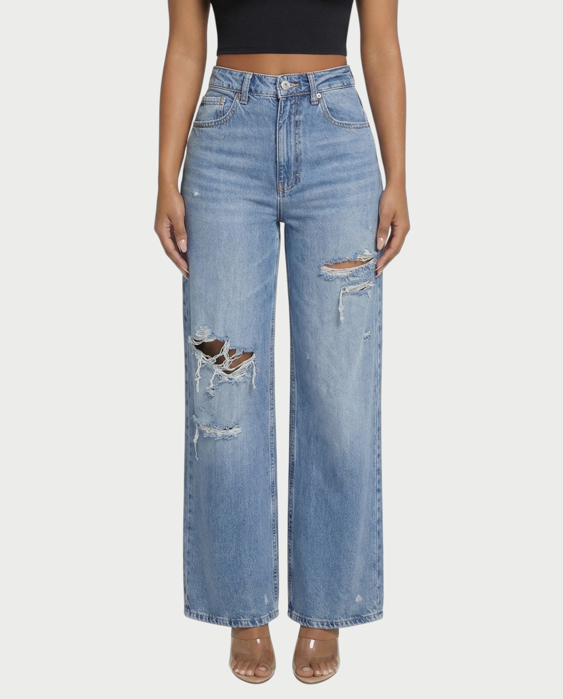 Distressed Wide-Leg Denim Pants