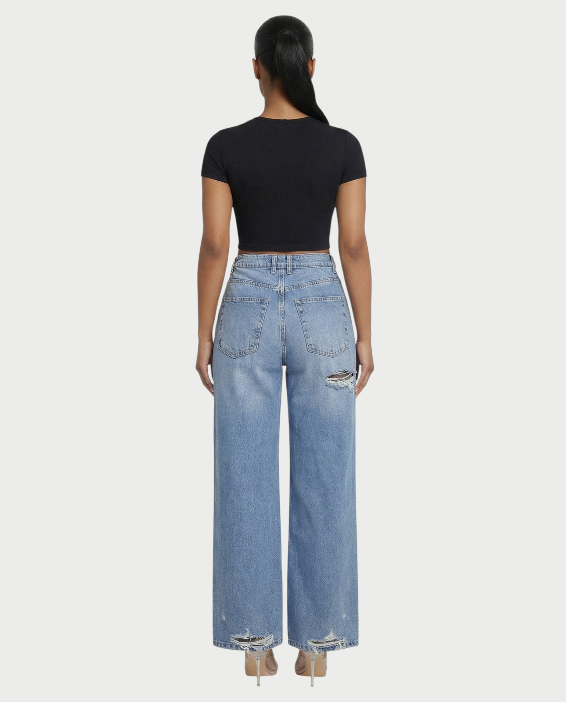 Distressed Wide-Leg Denim Pants
