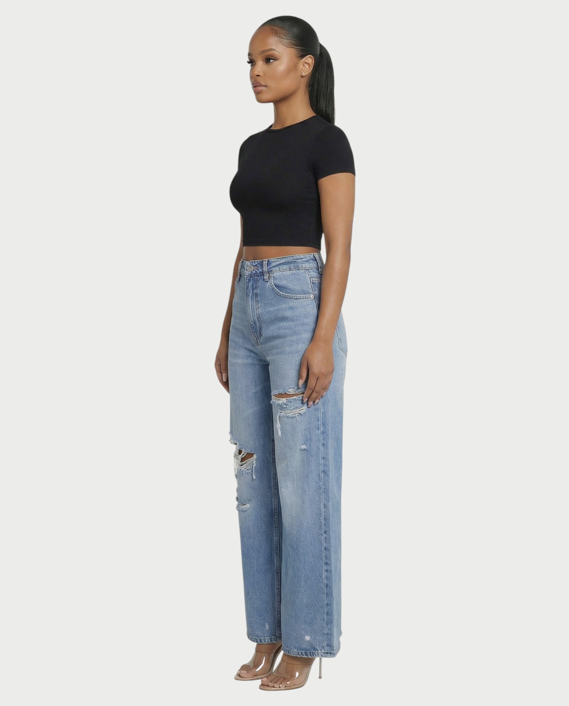 Distressed Wide-Leg Denim Pants