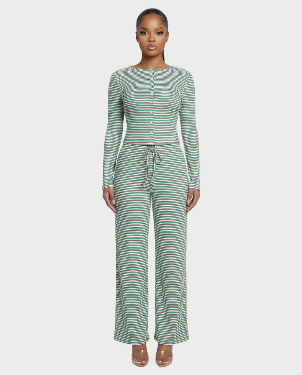 Striped Button Up Top & Drawstring Pants Set