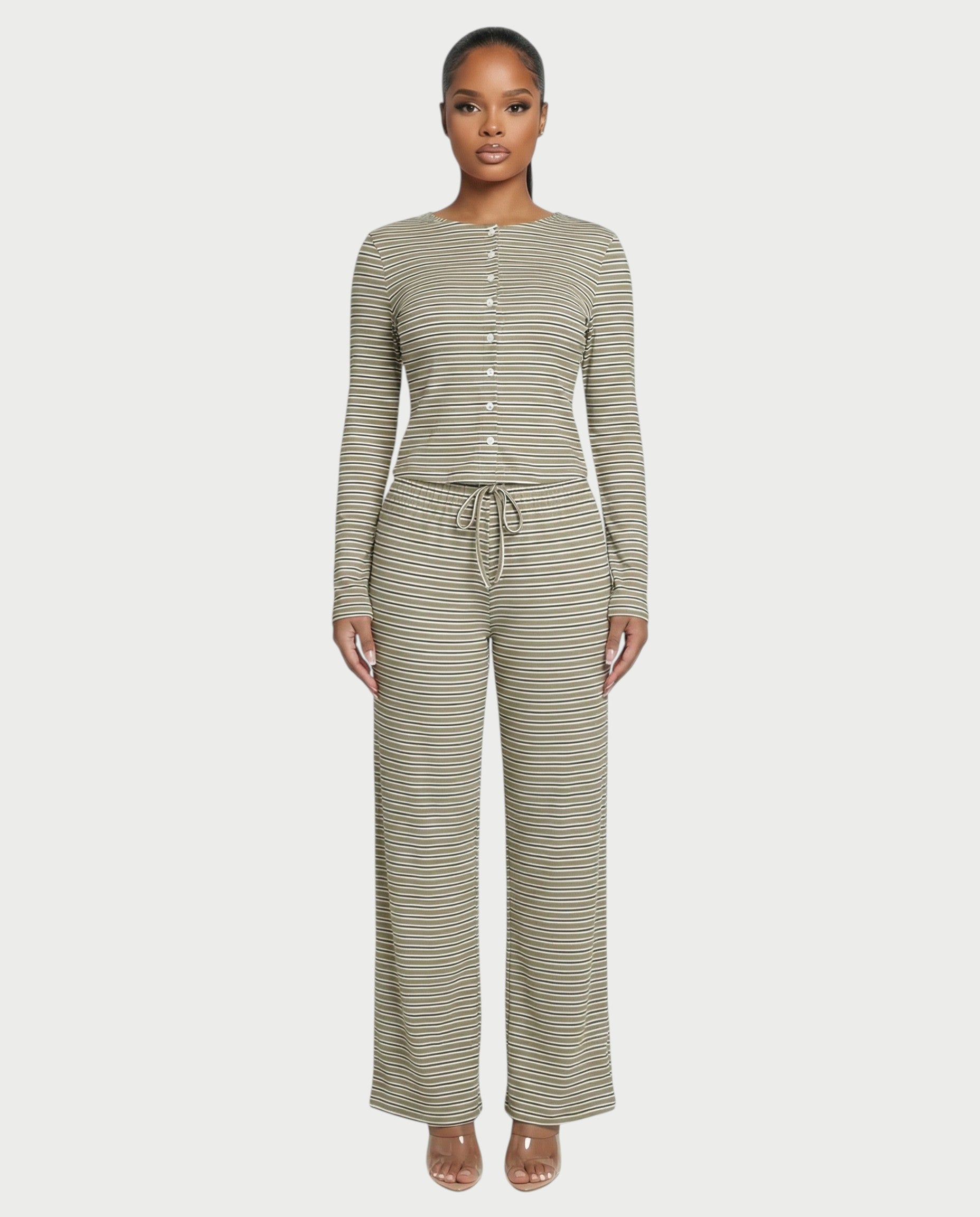 Striped Button Up Top & Drawstring Pants Set