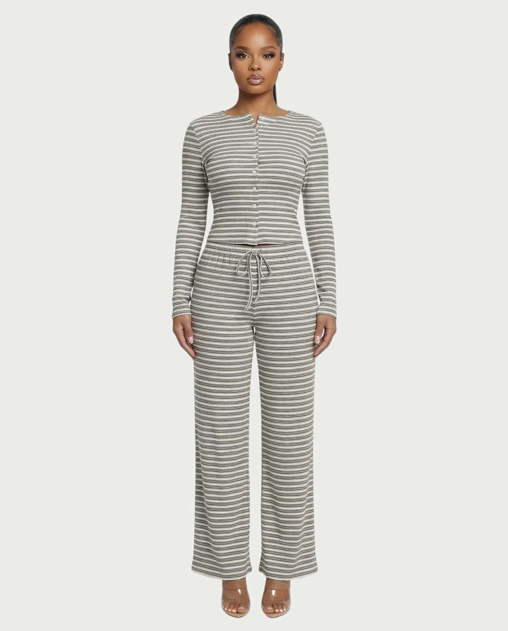 Striped Button Up Top & Drawstring Pants Set