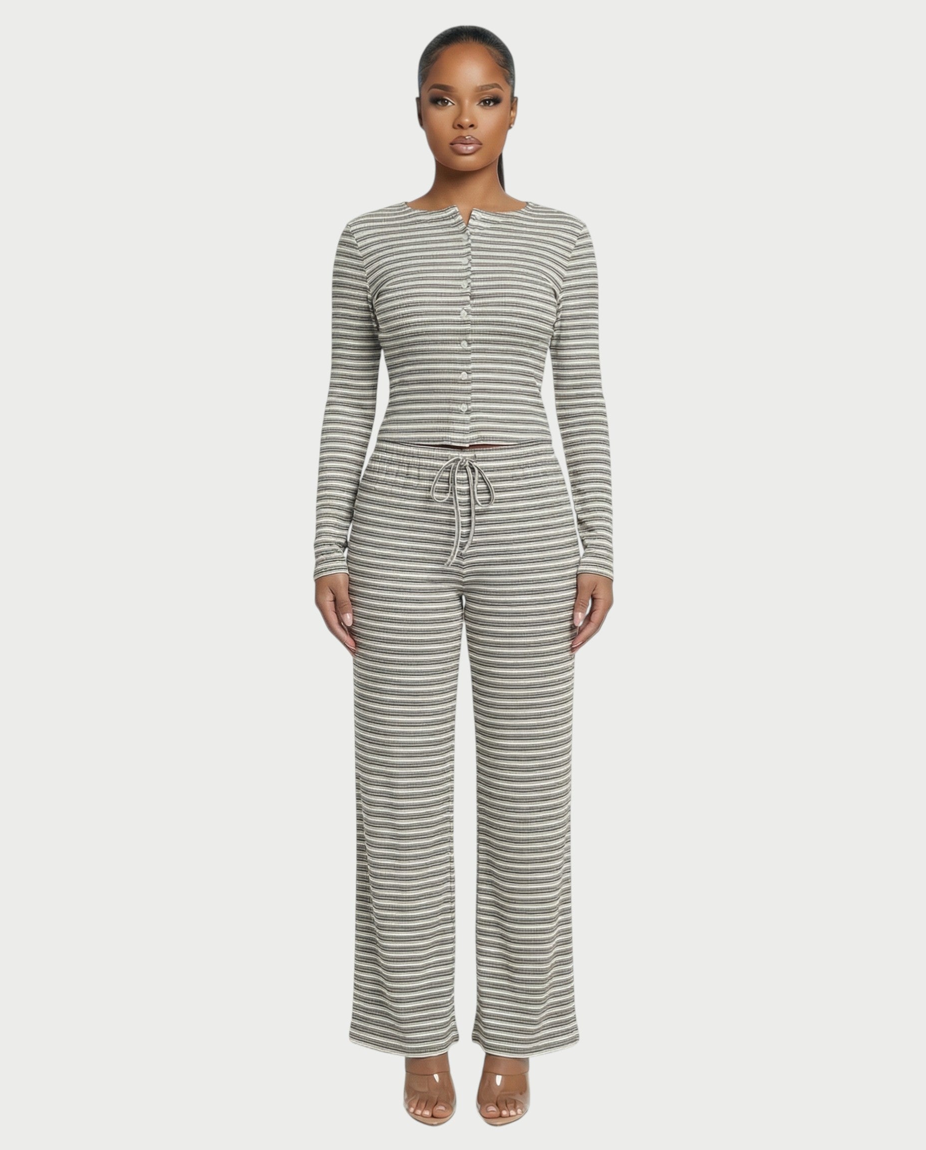 Striped Button Up Top & Drawstring Pants Set