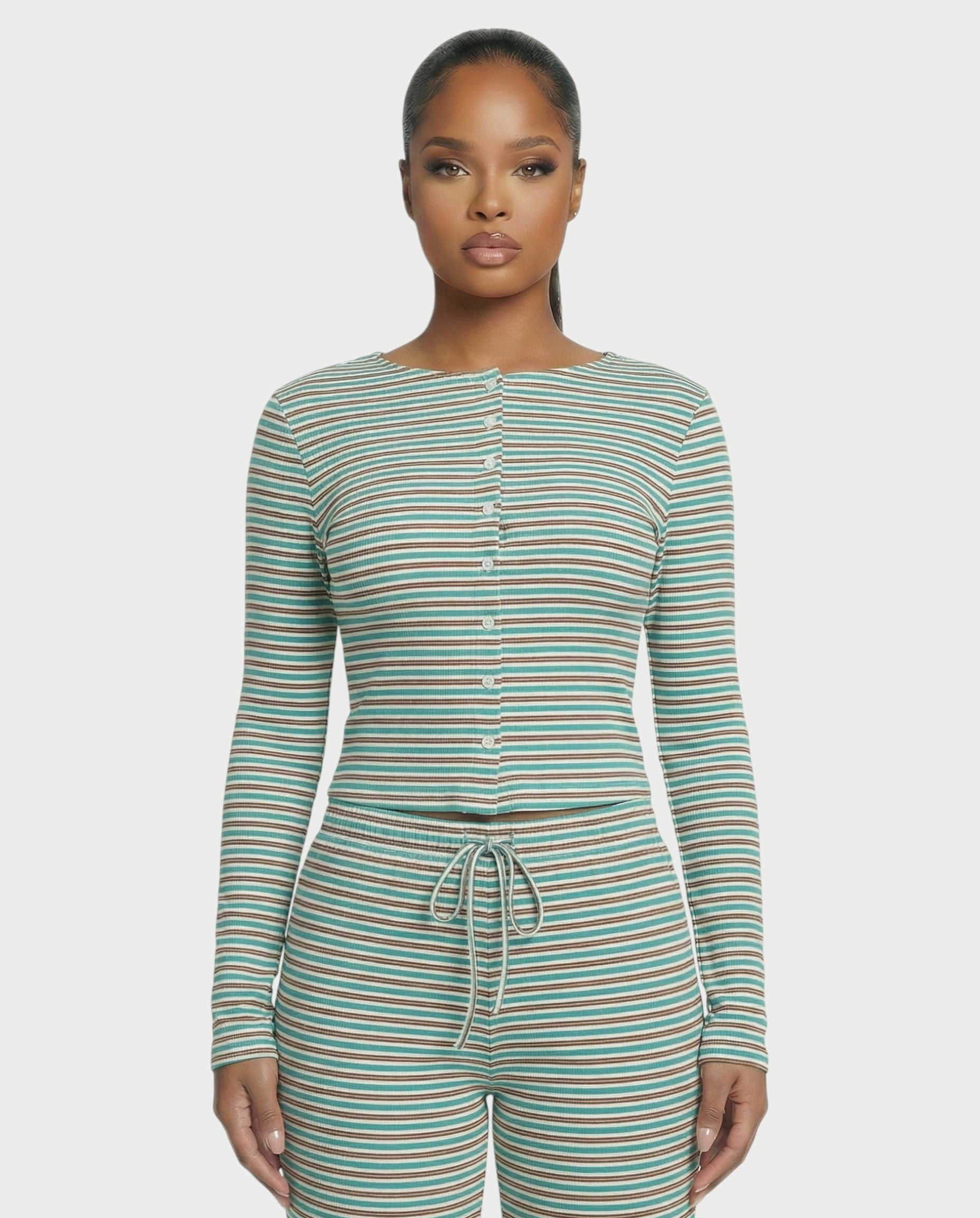 Striped Button Up Top & Drawstring Pants Set