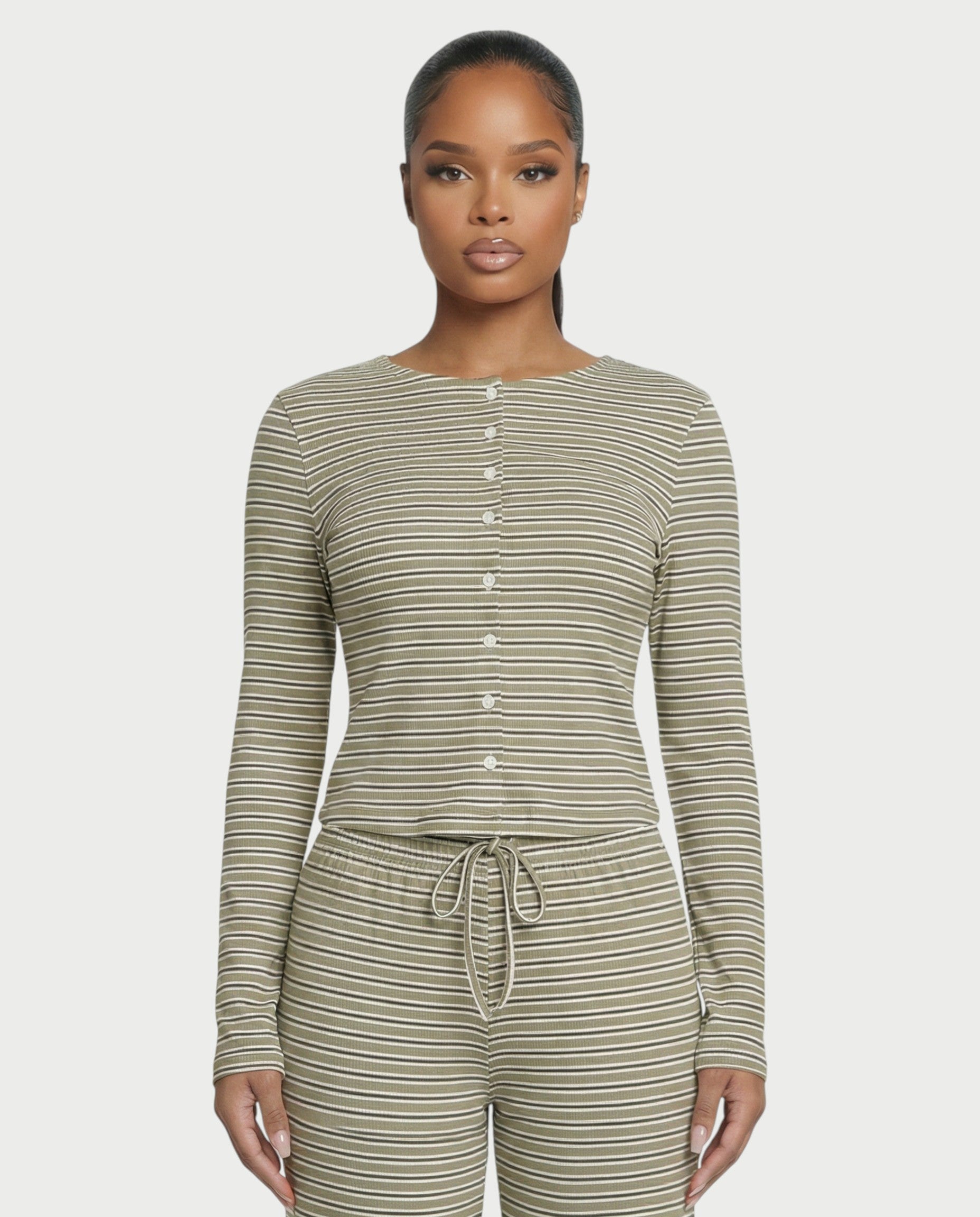 Striped Button Up Top & Drawstring Pants Set