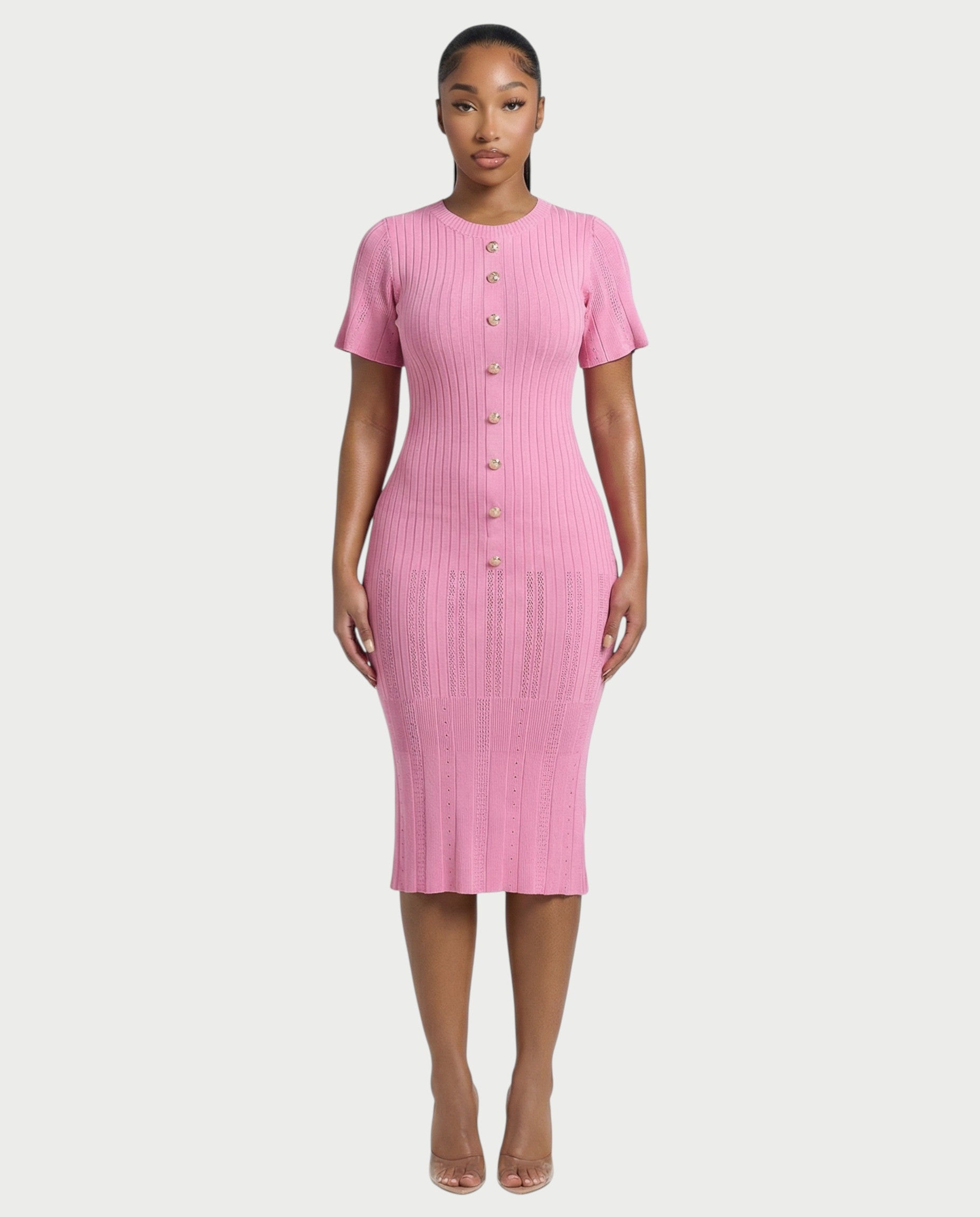 CRISSA Ribbed Button-Front Knit Midi Dress