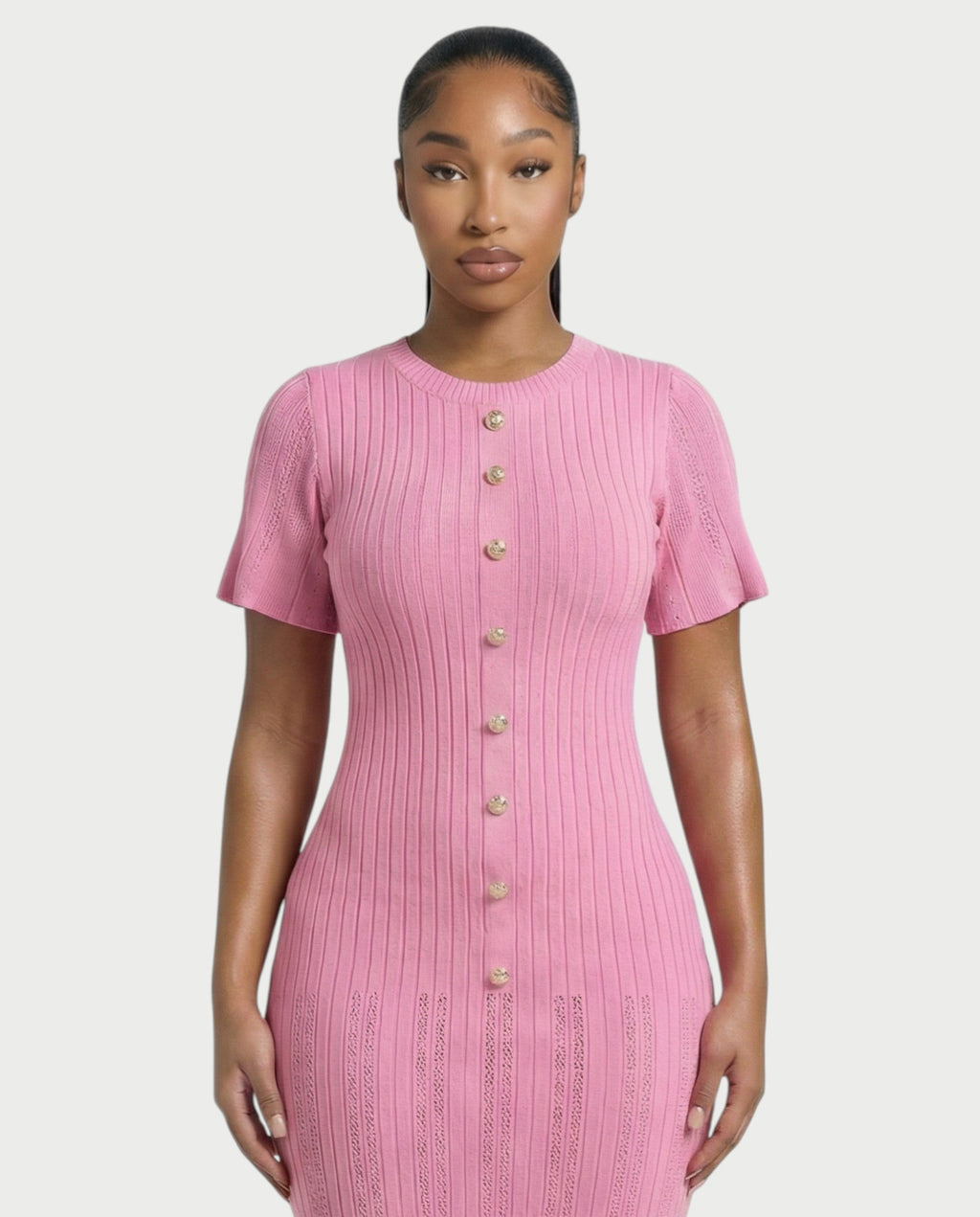 CRISSA Ribbed Button-Front Knit Midi Dress
