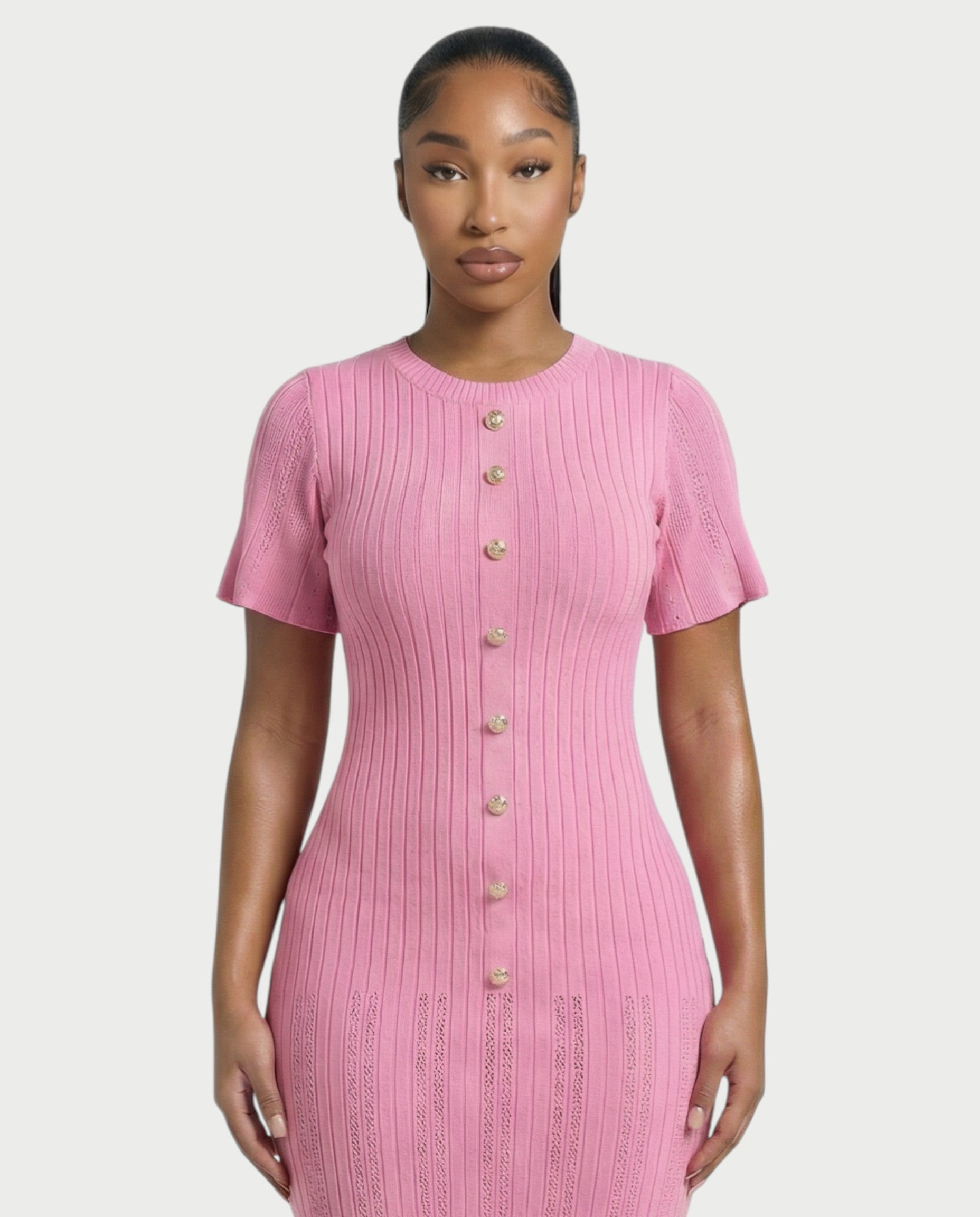 CRISSA Ribbed Button-Front Knit Midi Dress