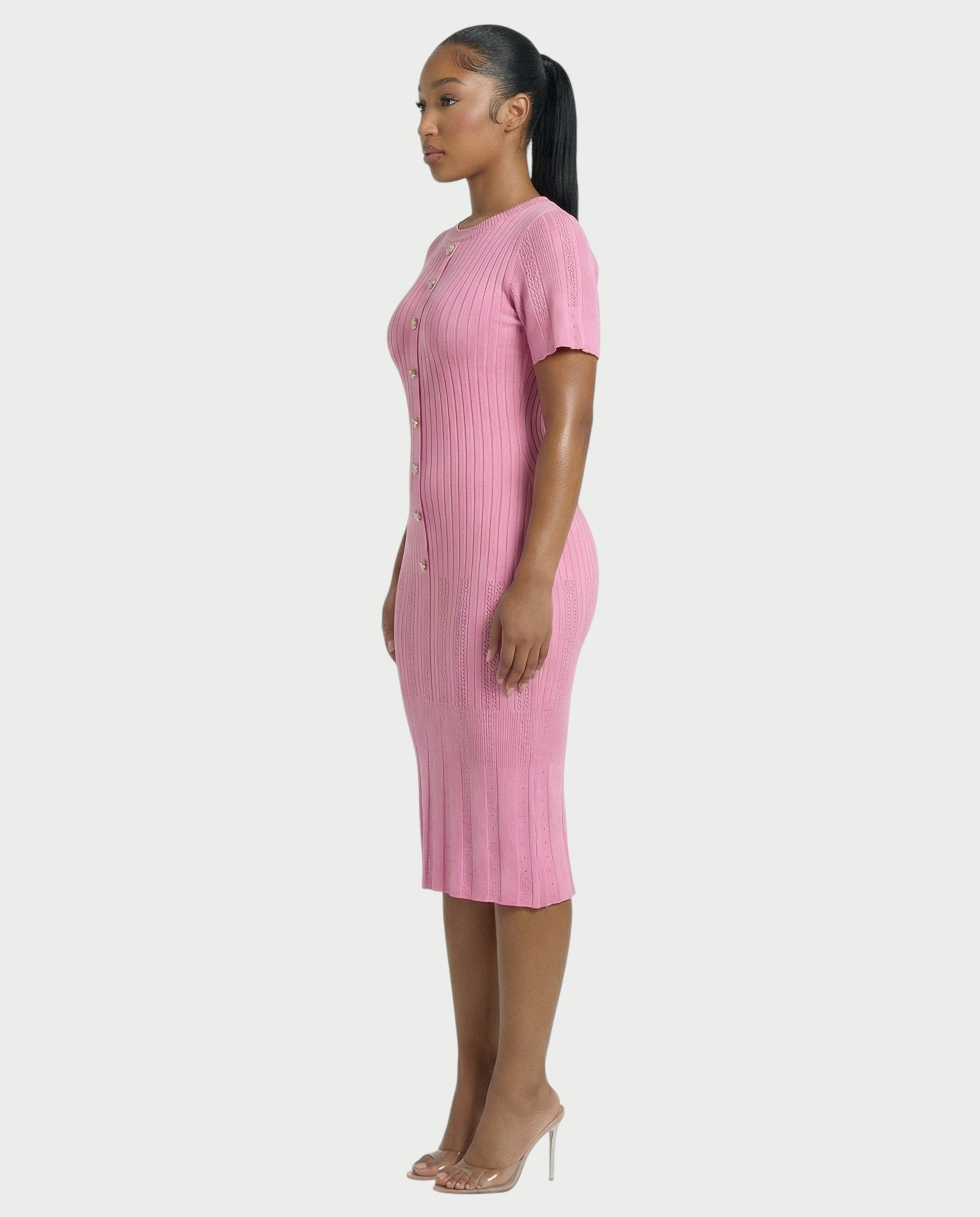CRISSA Ribbed Button-Front Knit Midi Dress
