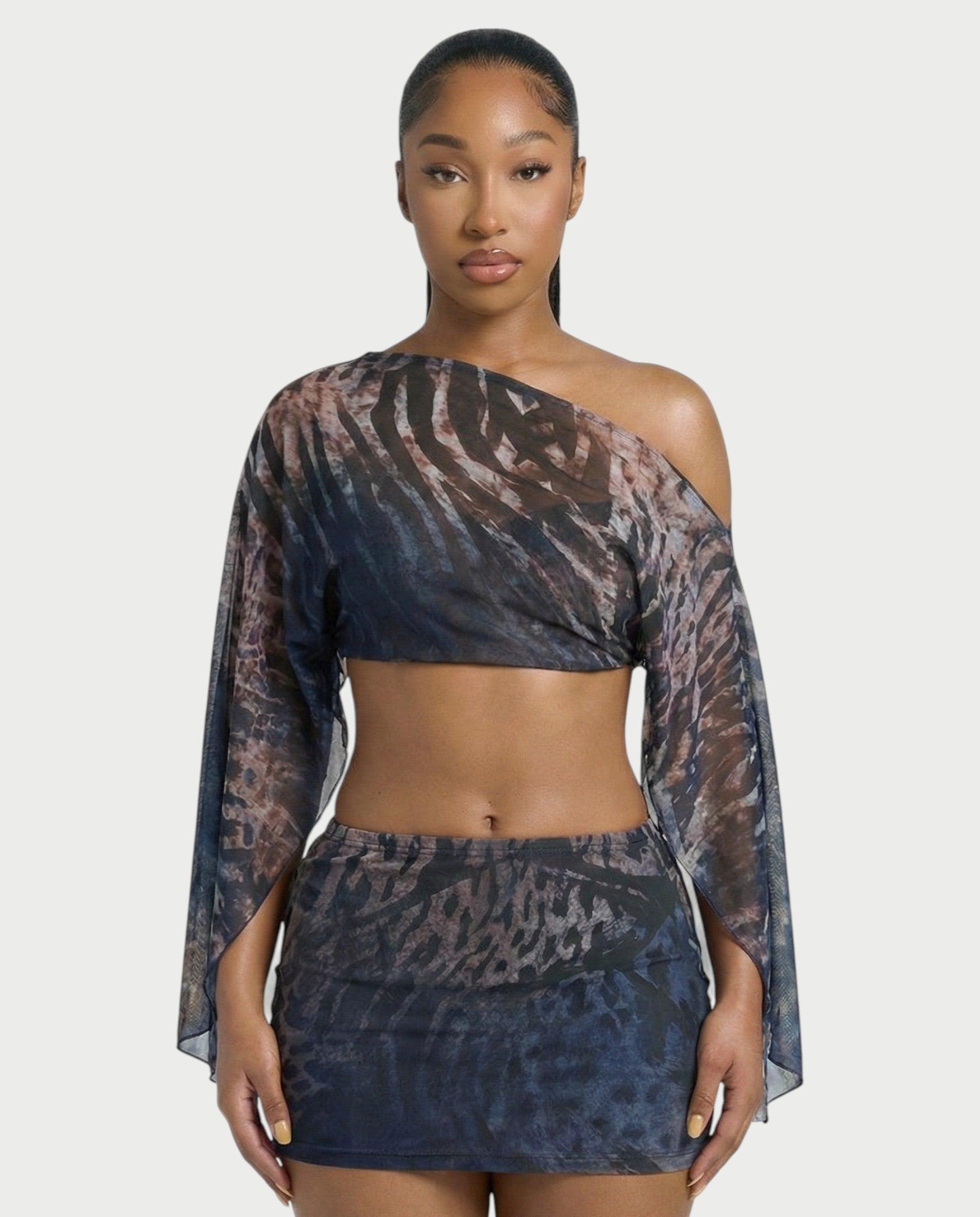ANTONIA Abstract Print Mesh Top & Skirt Set