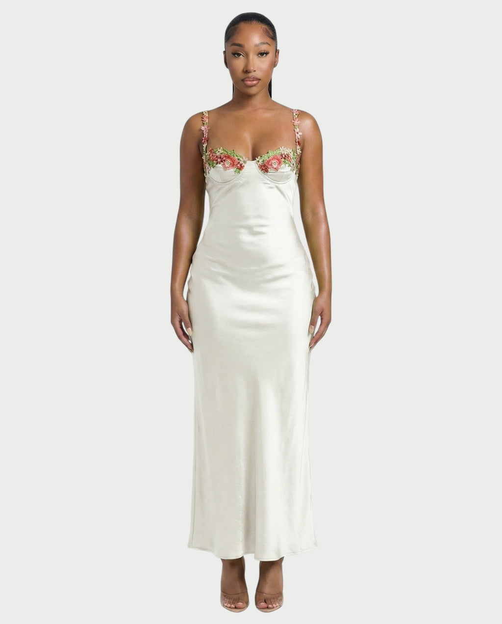 HARRIET Satin Floral Appliqué Maxi Dress