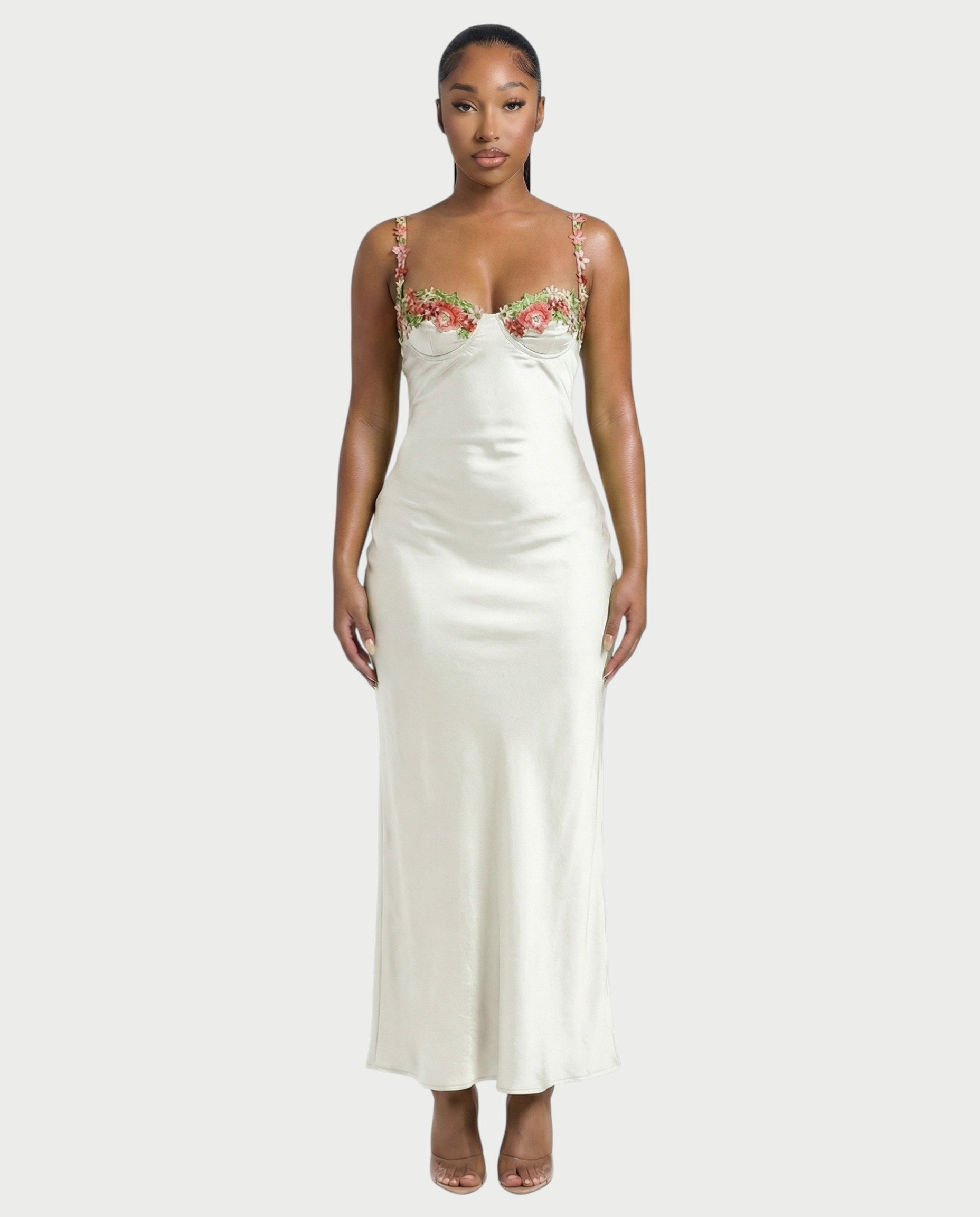 HARRIET Satin Floral Appliqué Maxi Dress