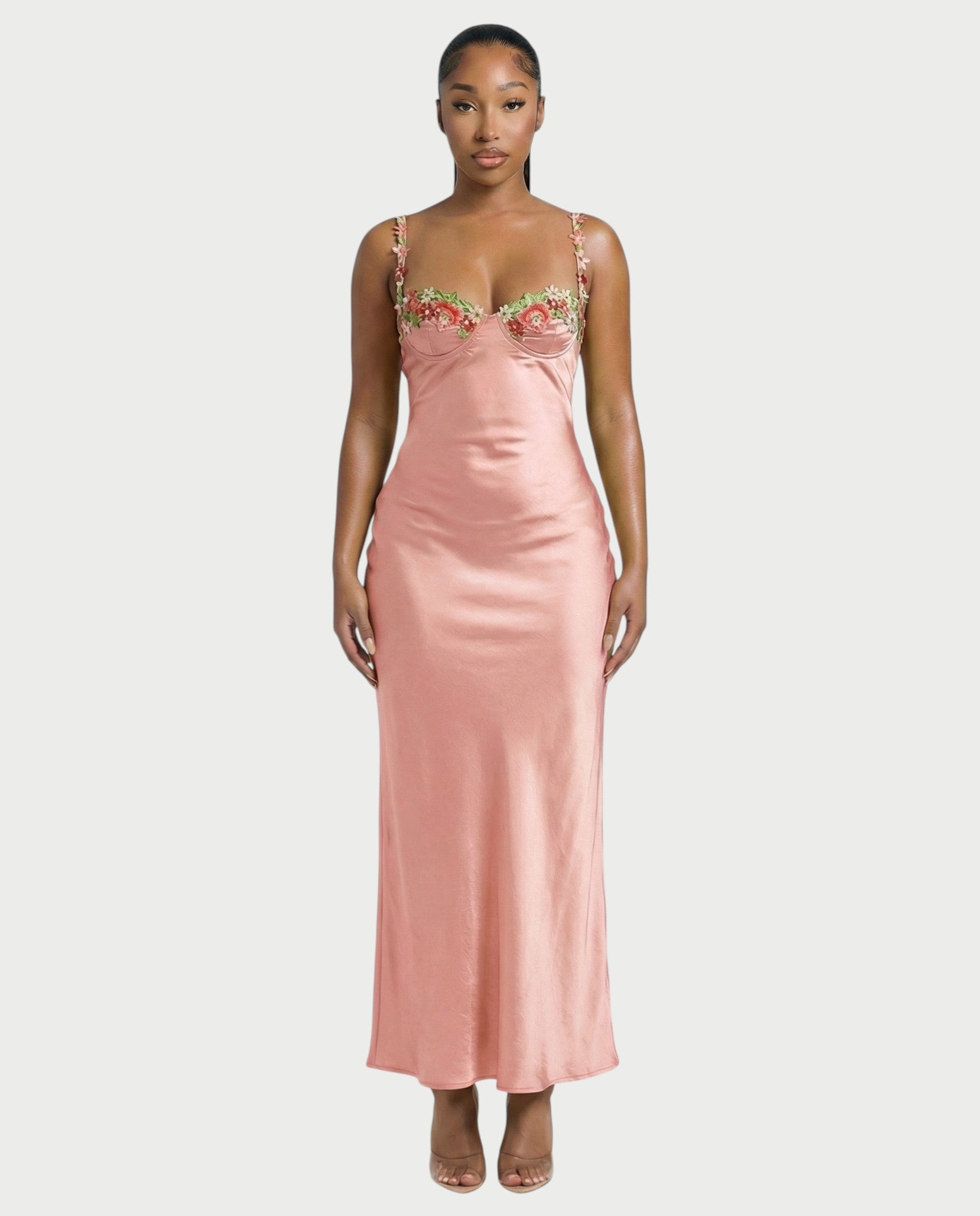 HARRIET Satin Floral Appliqué Maxi Dress