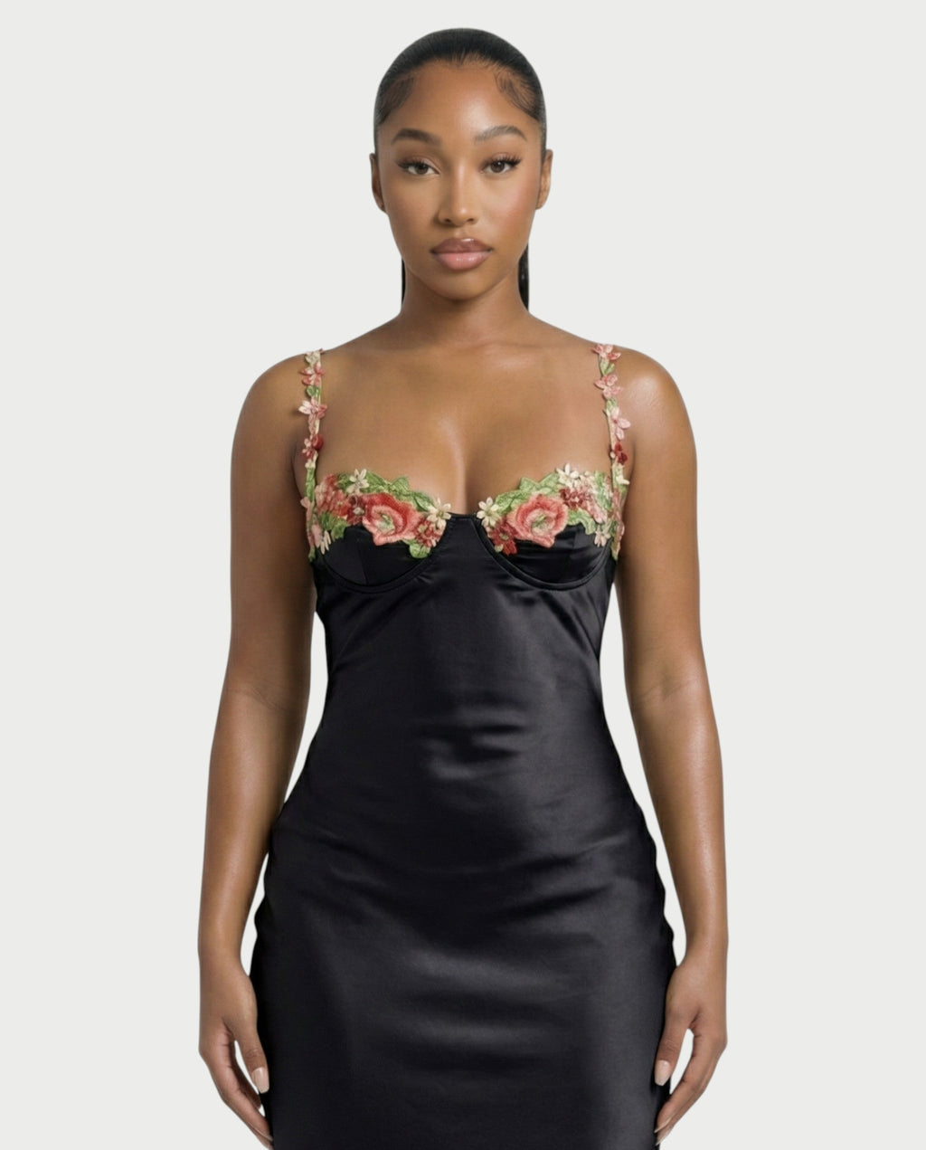 HARRIET Satin Floral Appliqué Maxi Dress