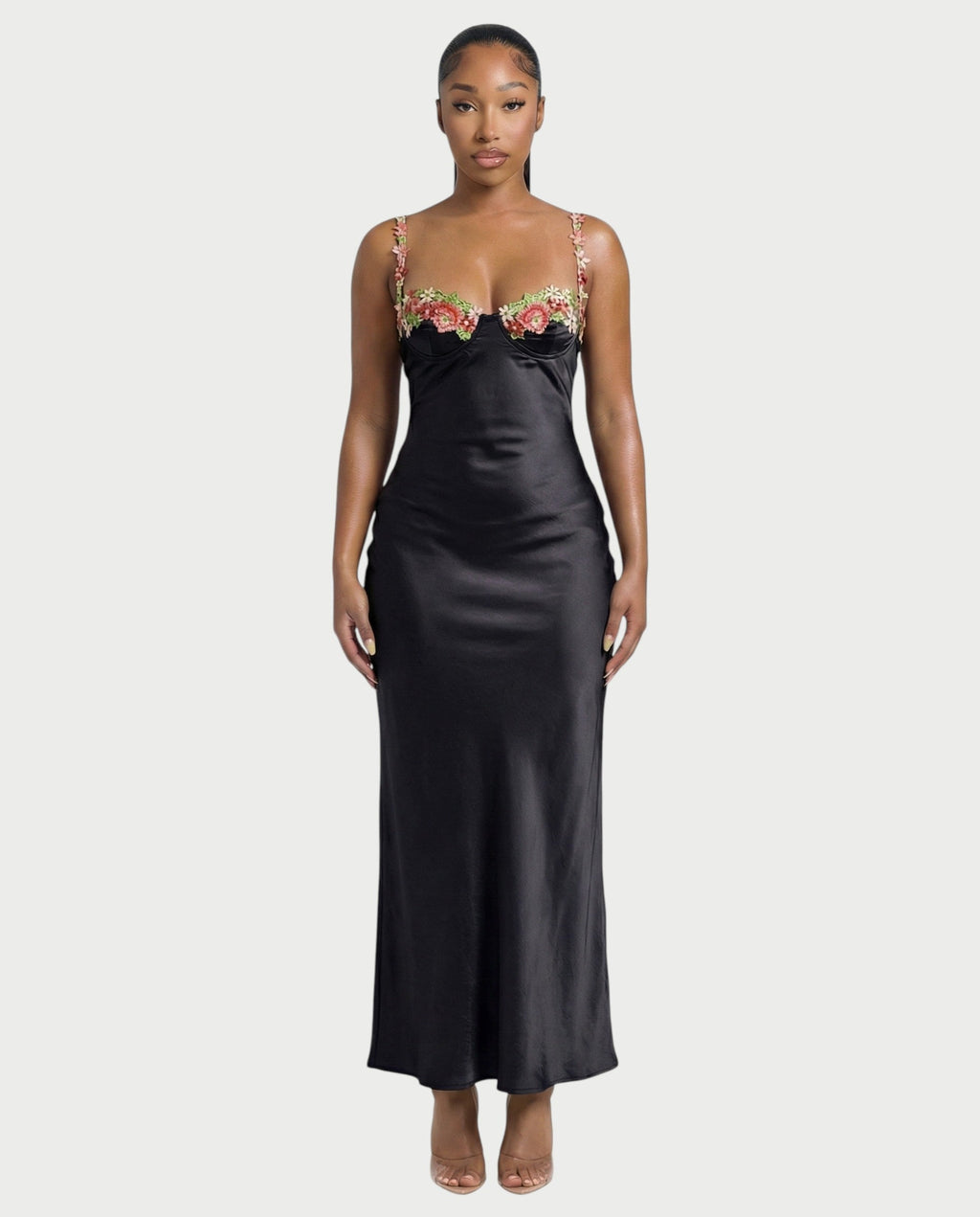HARRIET Satin Floral Appliqué Maxi Dress