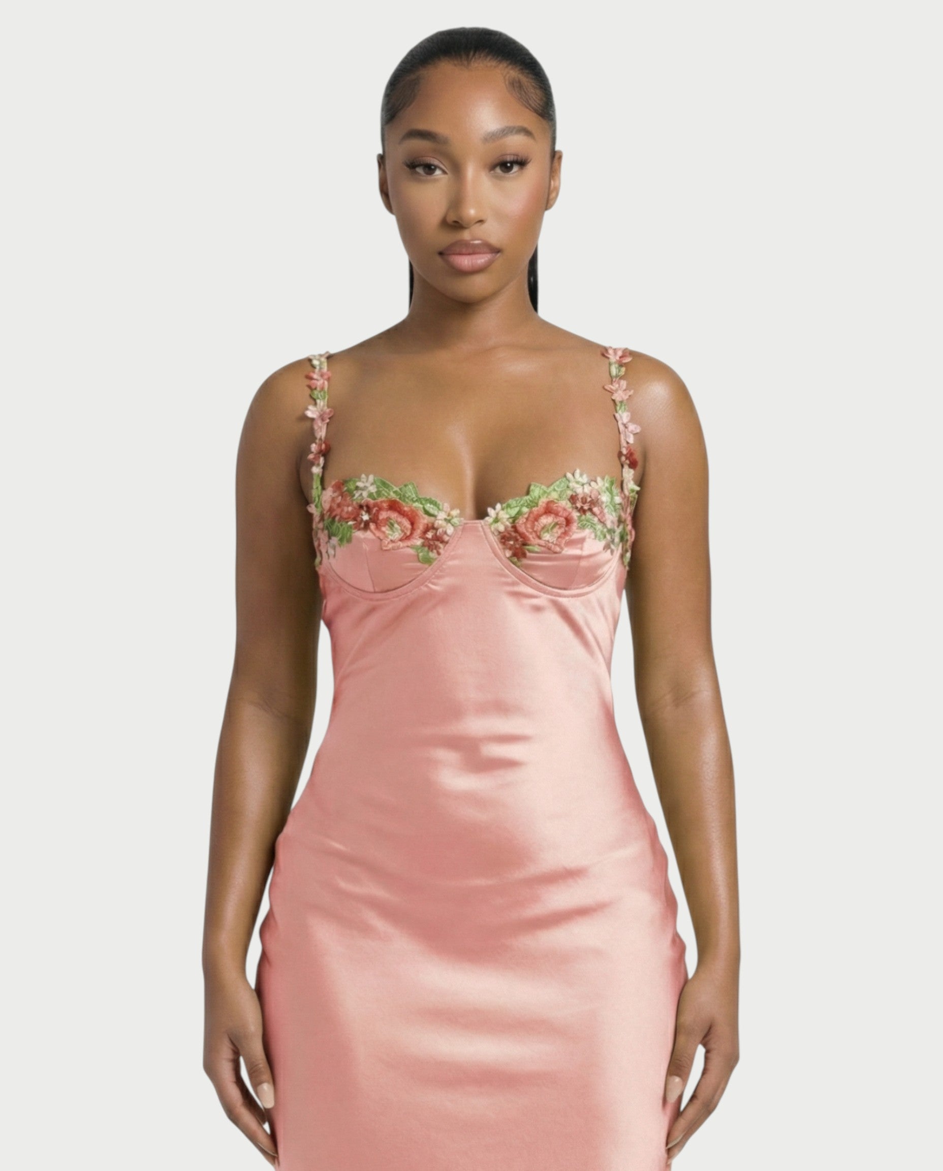 HARRIET Satin Floral Appliqué Maxi Dress