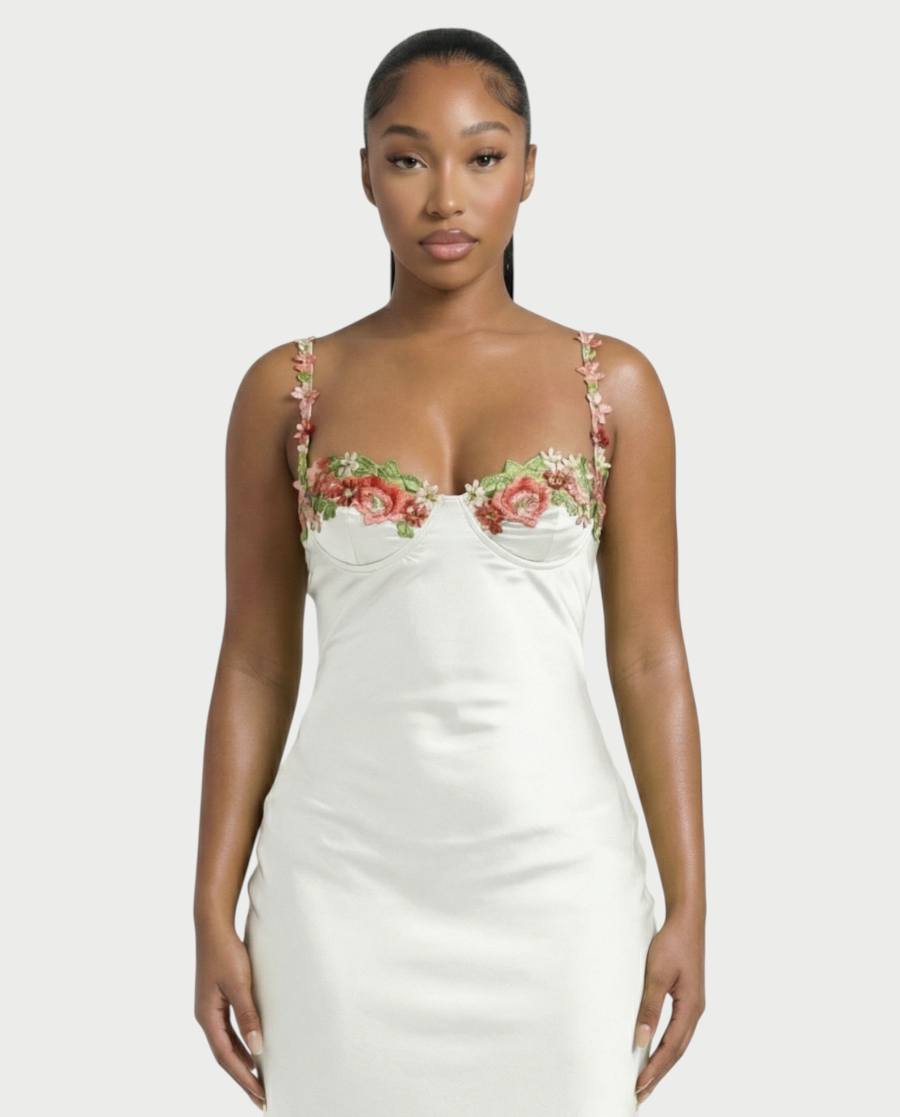 HARRIET Satin Floral Appliqué Maxi Dress