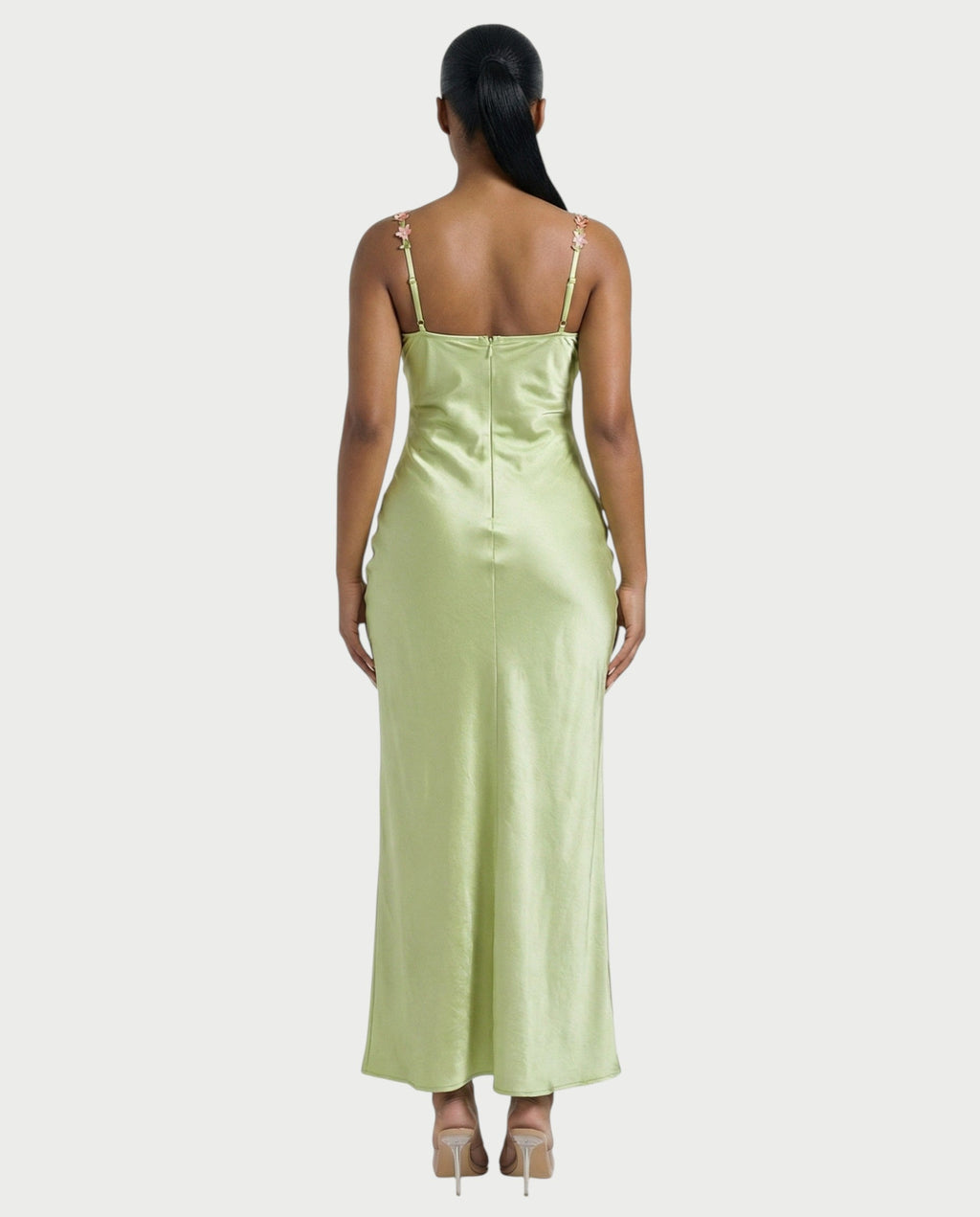 HARRIET Satin Floral Appliqué Maxi Dress