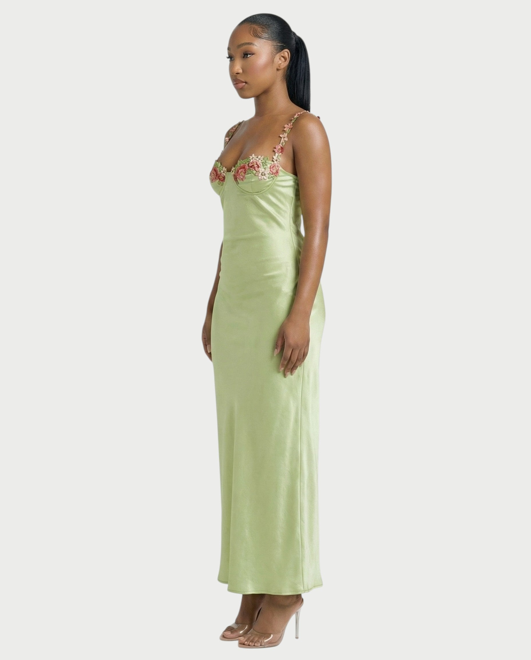 HARRIET Satin Floral Appliqué Maxi Dress